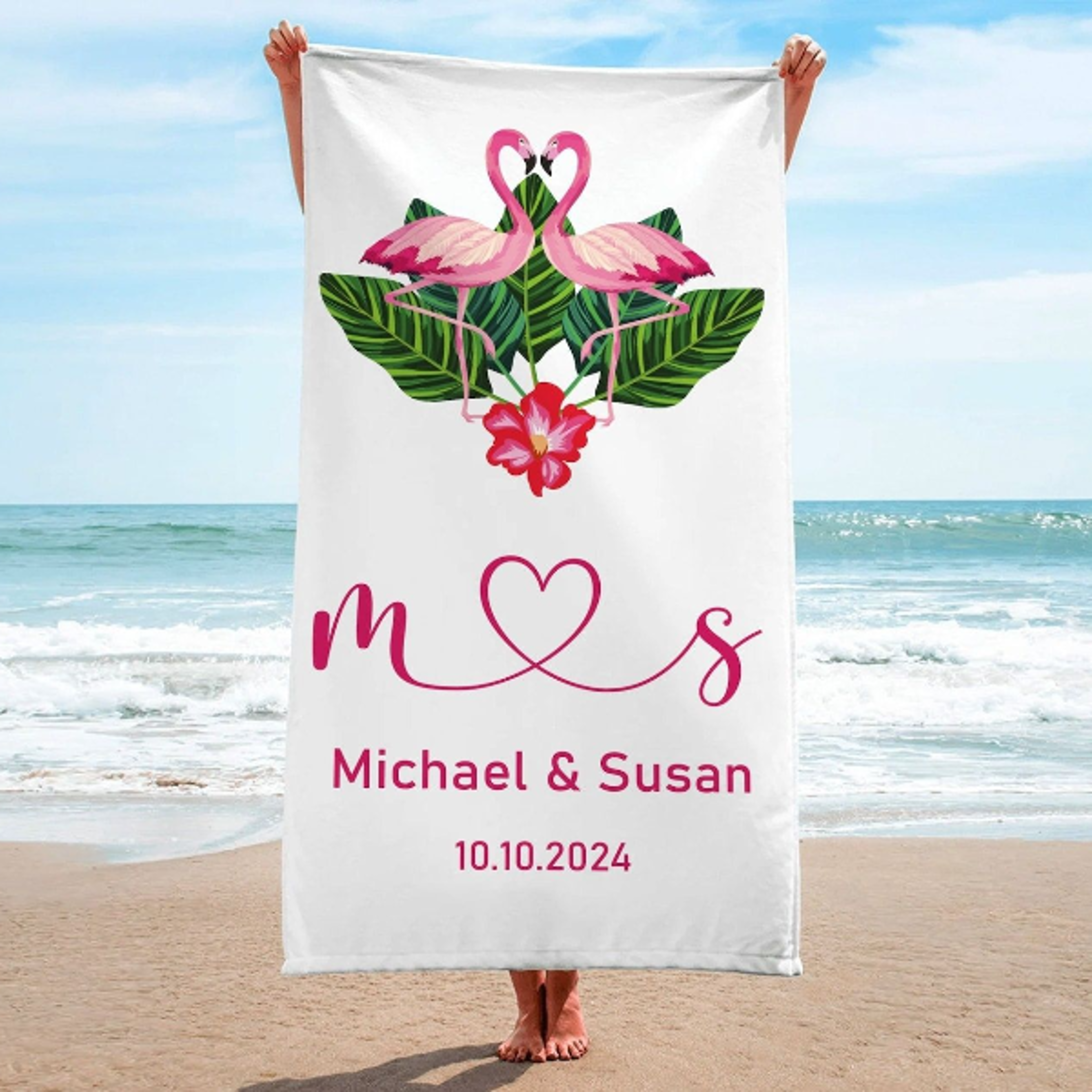 personalized newlywed couple beach towel, custom just married honeymoon & anniversary gift