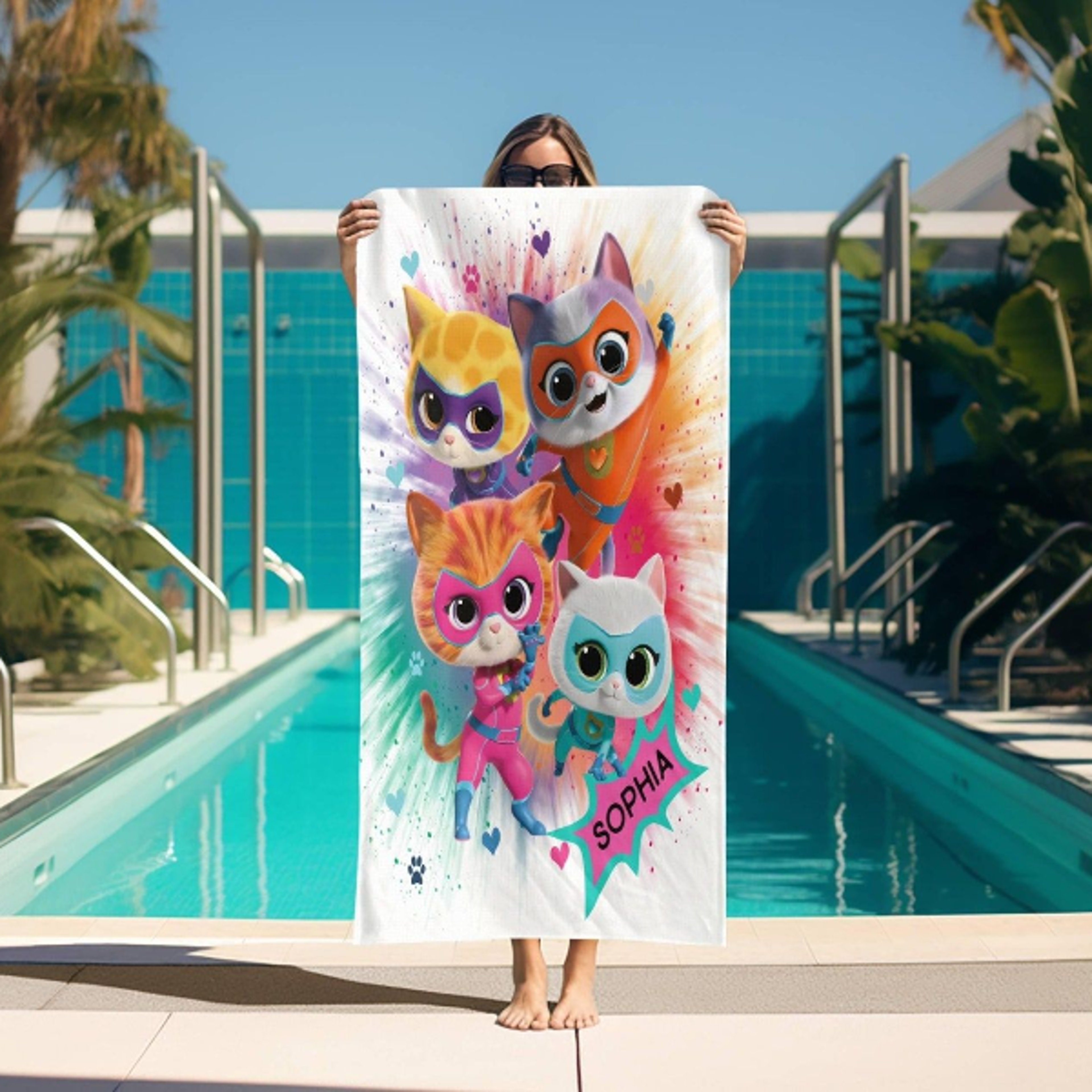 personalized super kitty hero beach towel with name, custom kids pool & birthday gift
