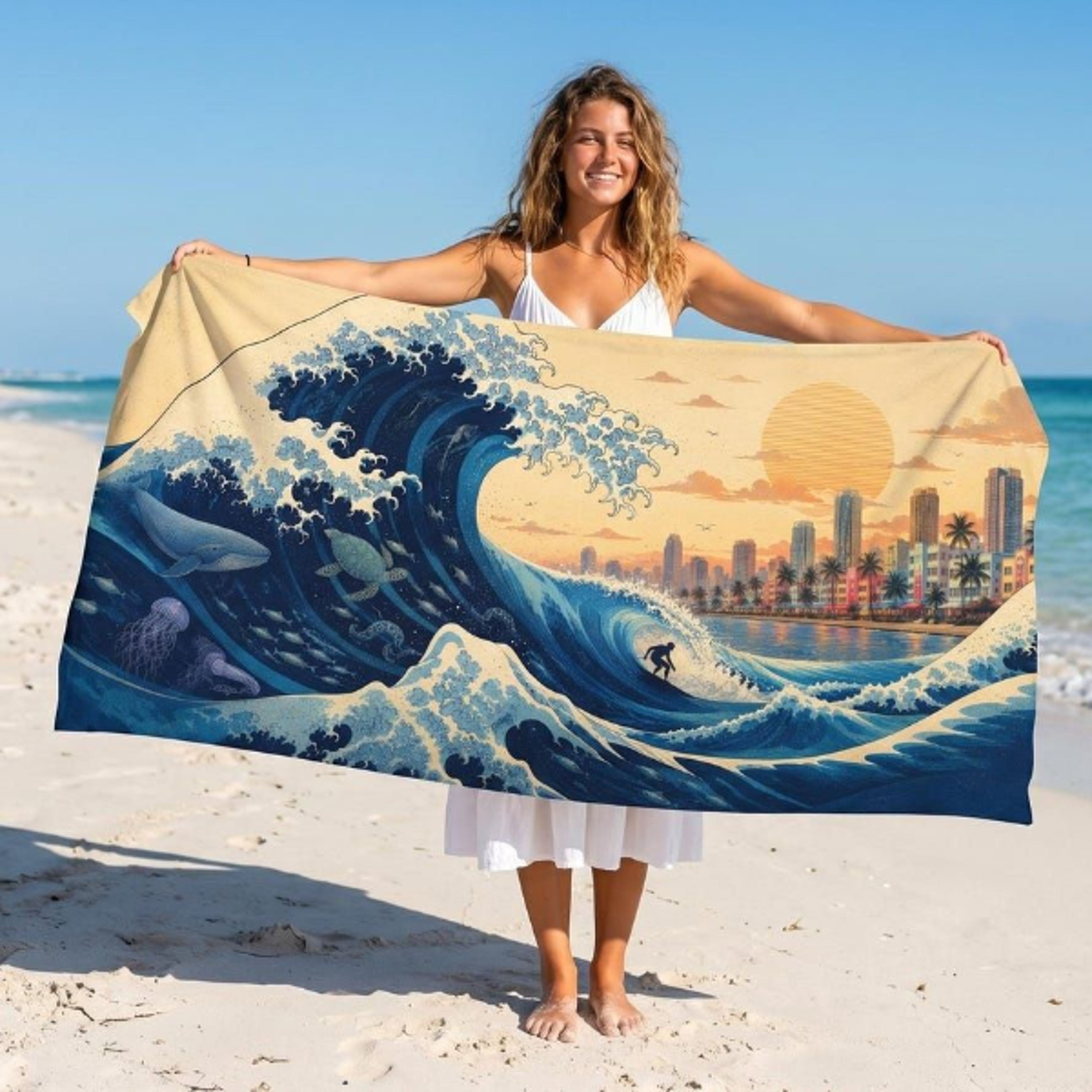miami great wave beach towel, tropical skyline coastal summer pool towel
