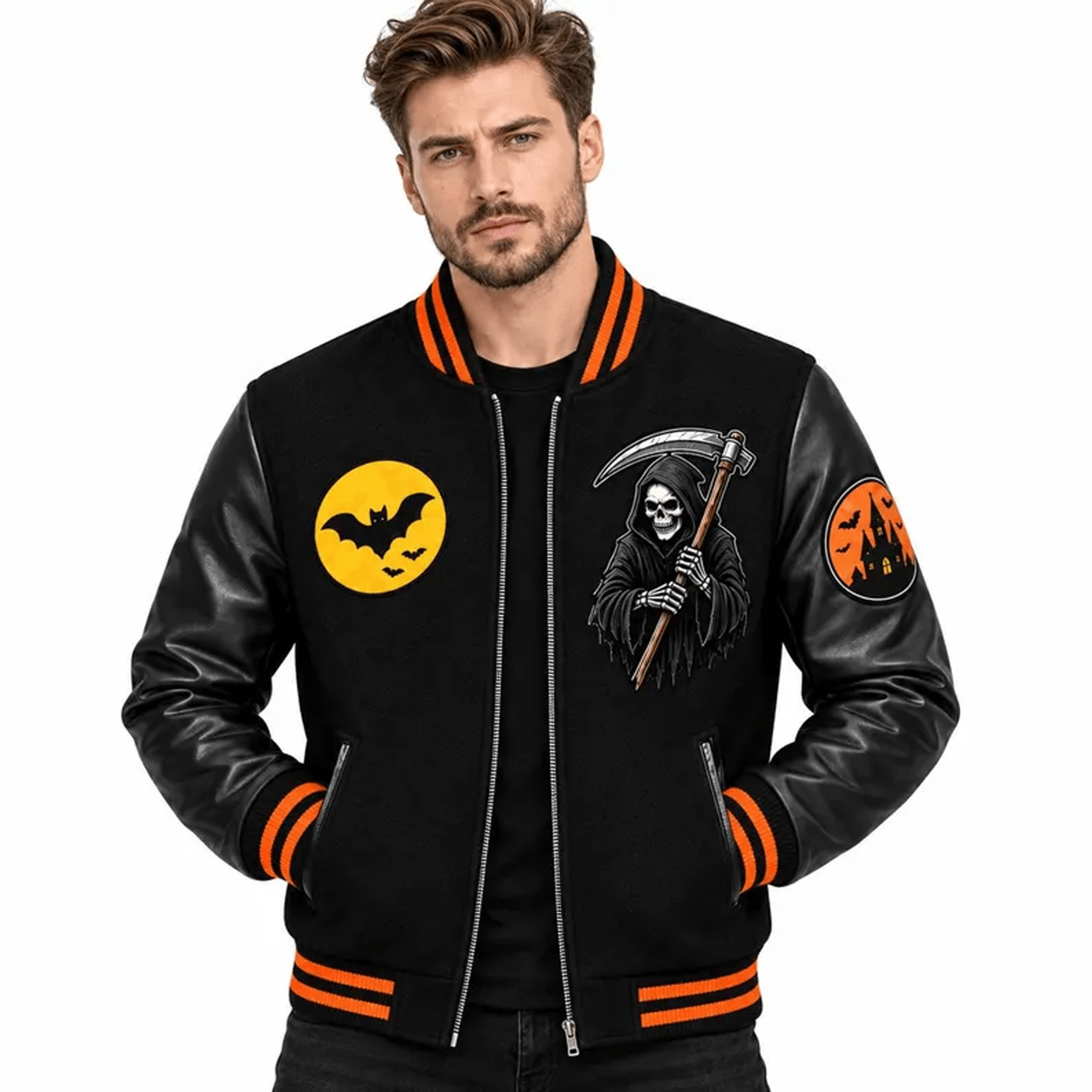 unisex halloween varsity jacket, grim reaper pumpkin jacket, haunted house bat jacket, spooky halloween gift