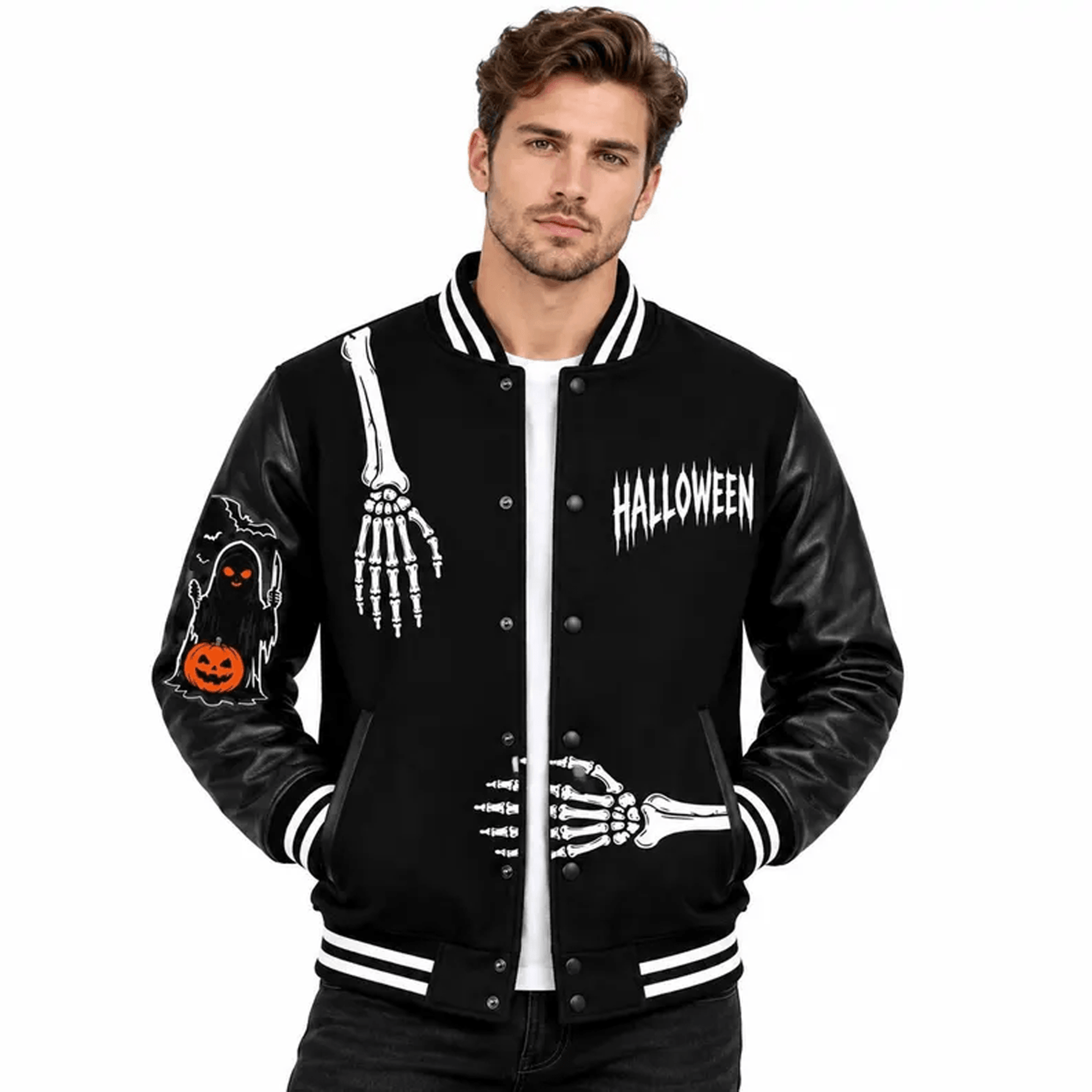 unisex halloween varsity jacket, grim reaper scythe skeleton hands jacket, gothic horror halloween gift