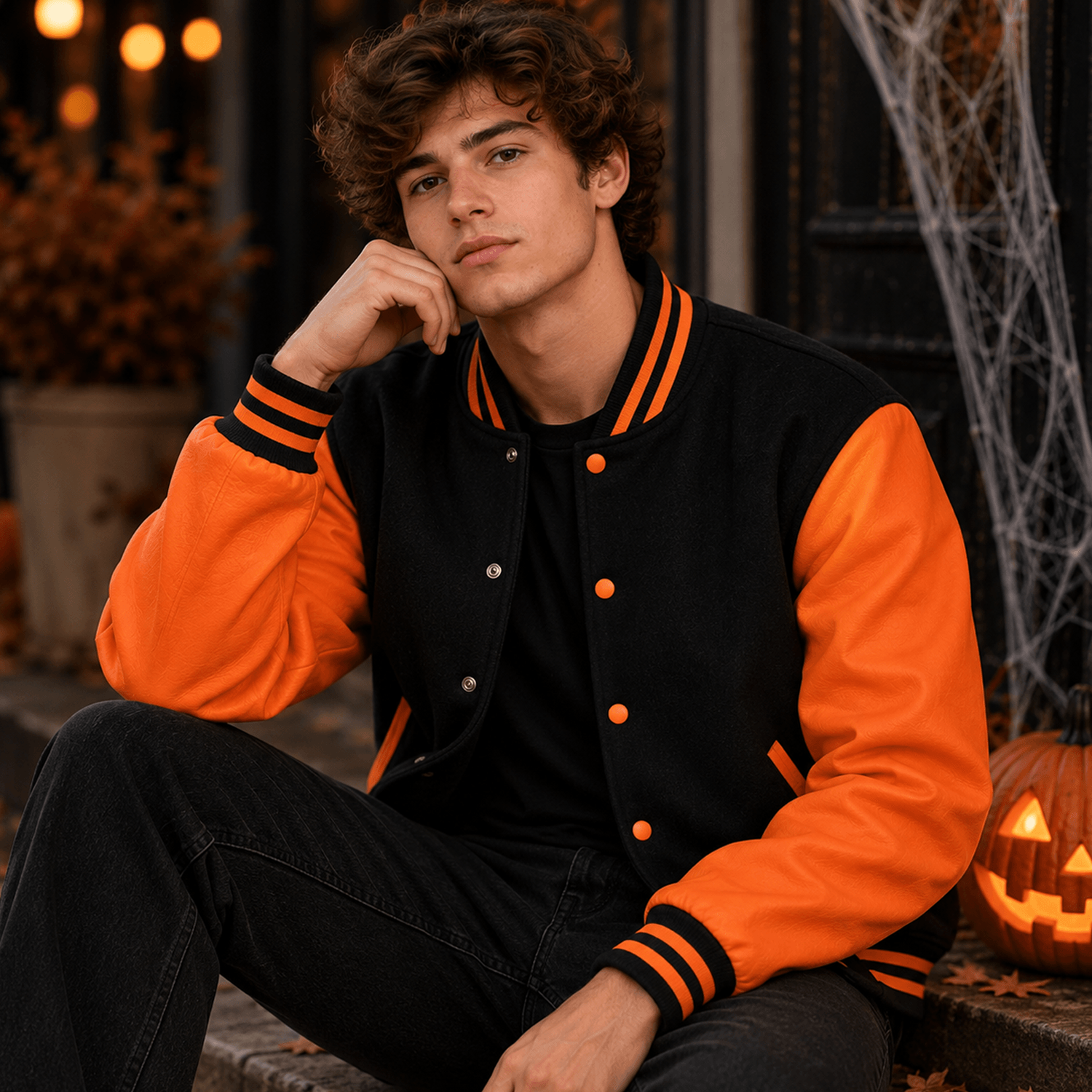 unisex halloween varsity jacket, black orange pumpkin ghost bat skeleton jacket, spooky halloween gift