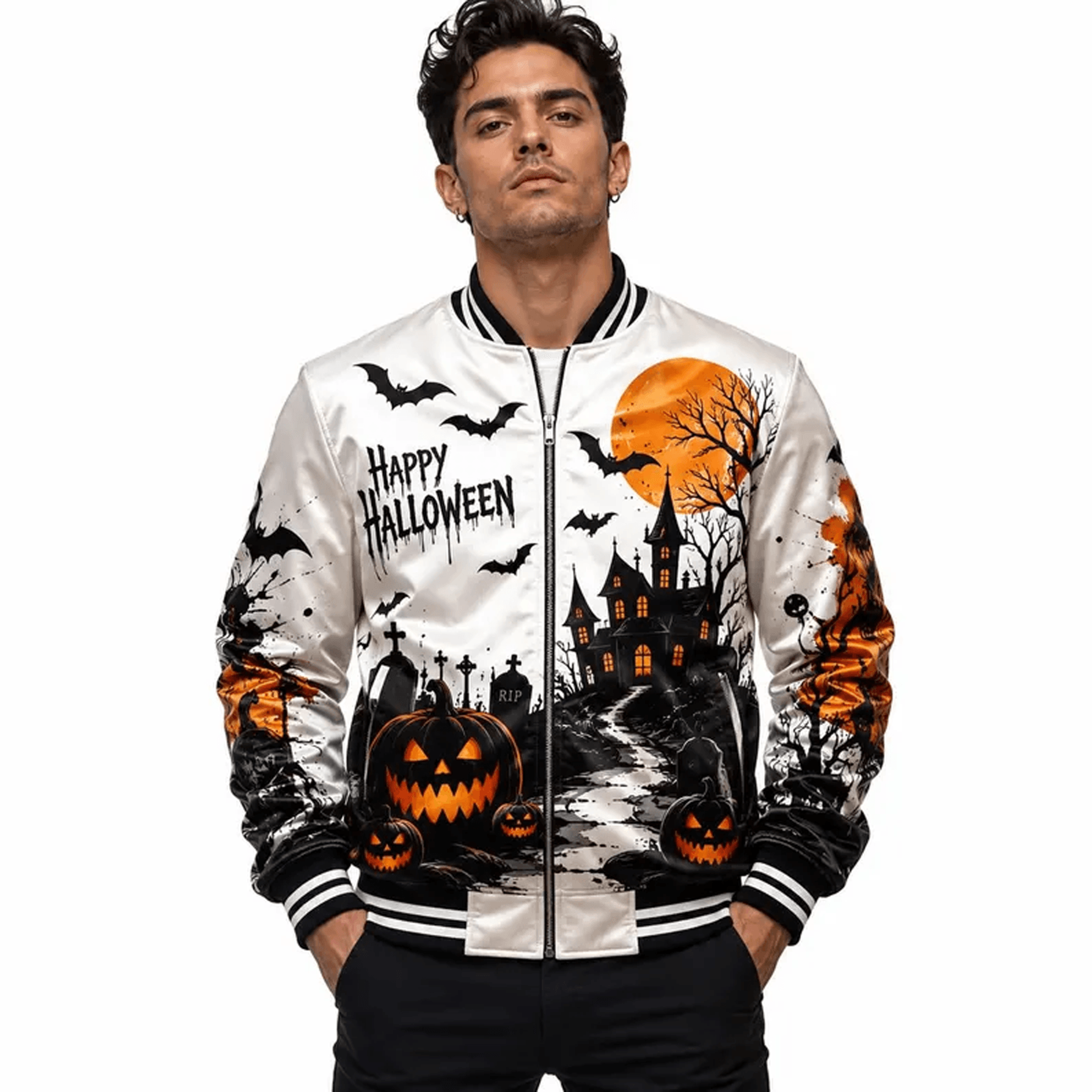 unisex happy halloween varsity jacket, haunted house pumpkin moon bat jacket, gothic spooky halloween gift