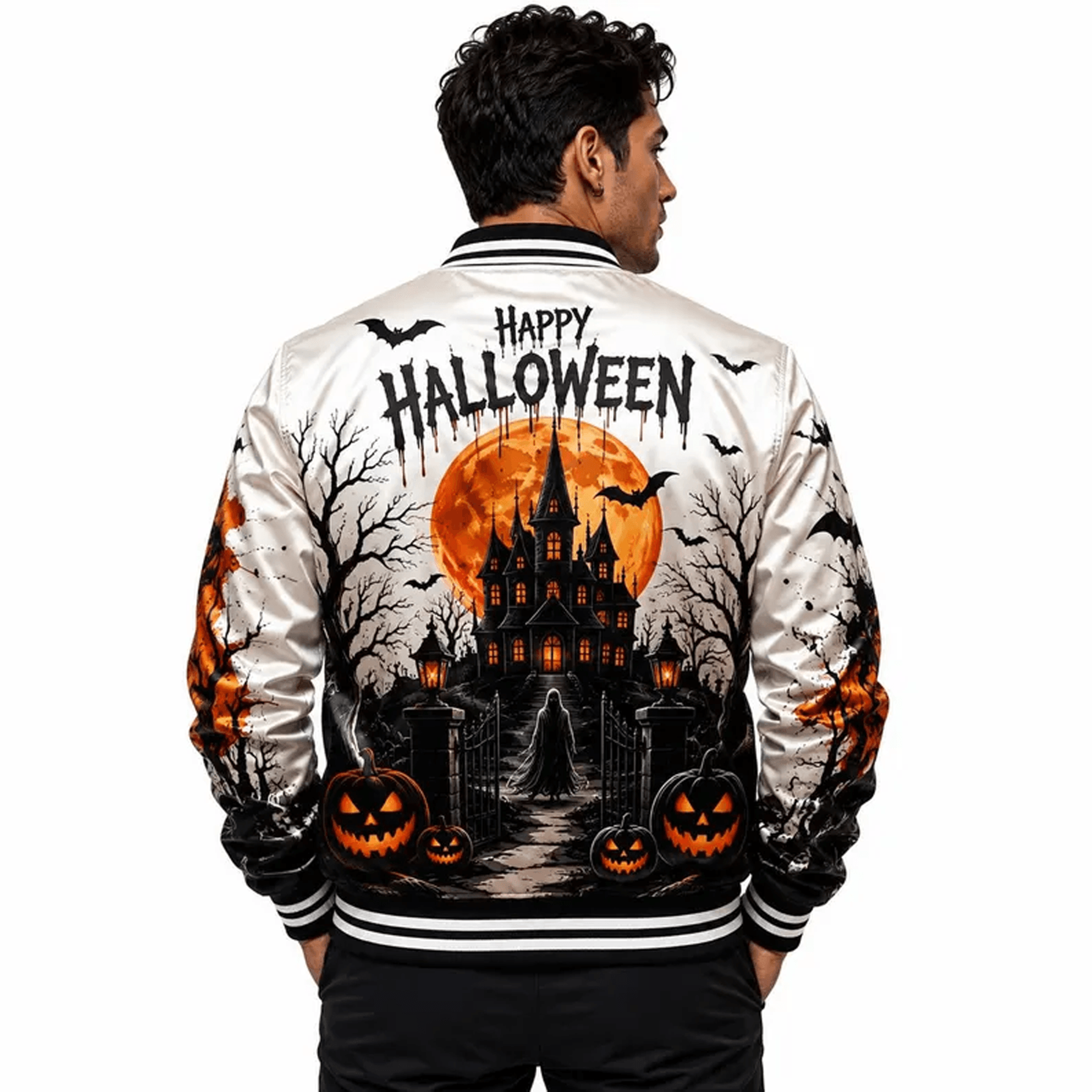 Unisex Happy Halloween Varsity Jacket Haunted House Pumpkin Moon Bat Jacket Gothic Spooky Halloween 1