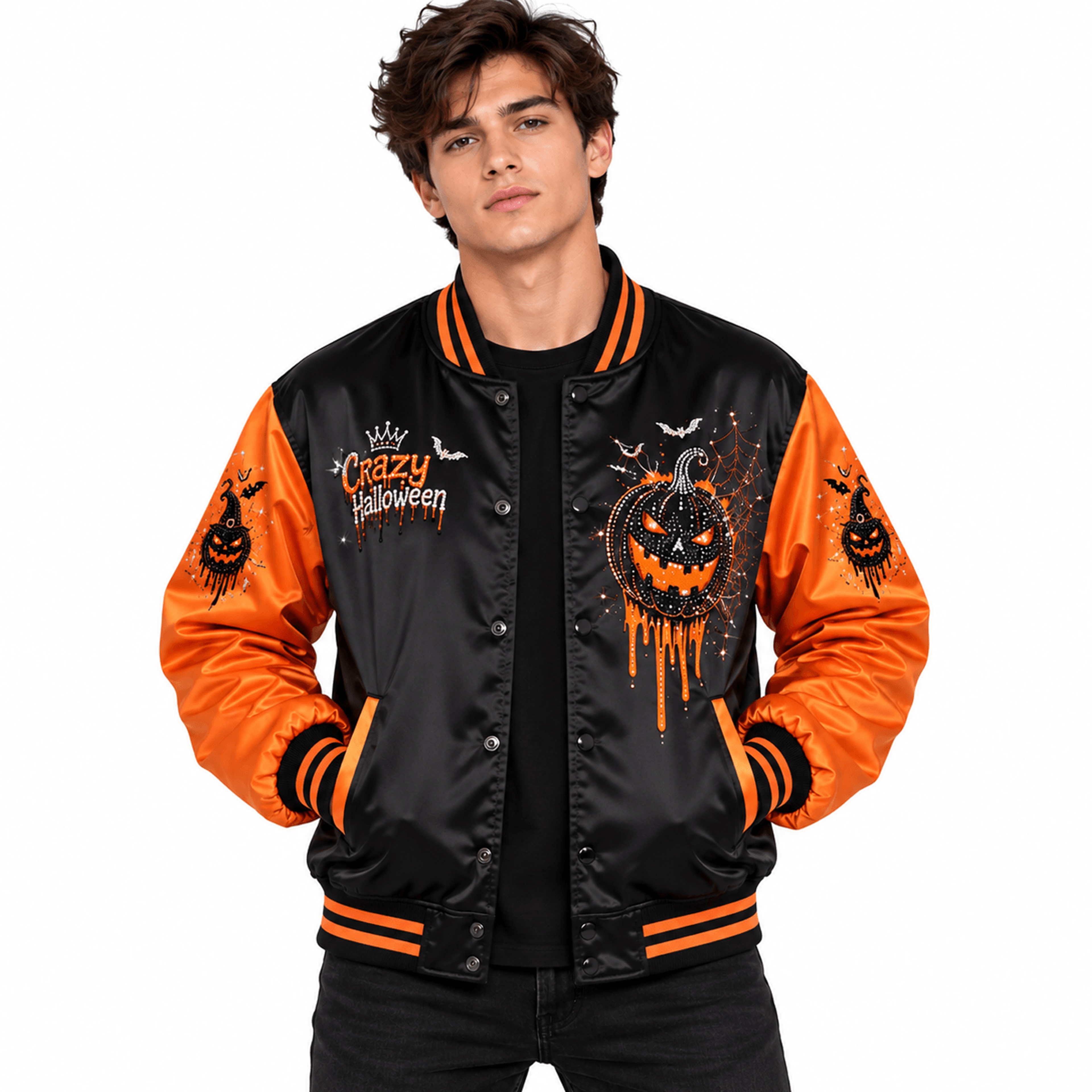 unisex halloween varsity jacket, crazy halloween witch pumpkin jacket, black orange spooky jacket, halloween gift