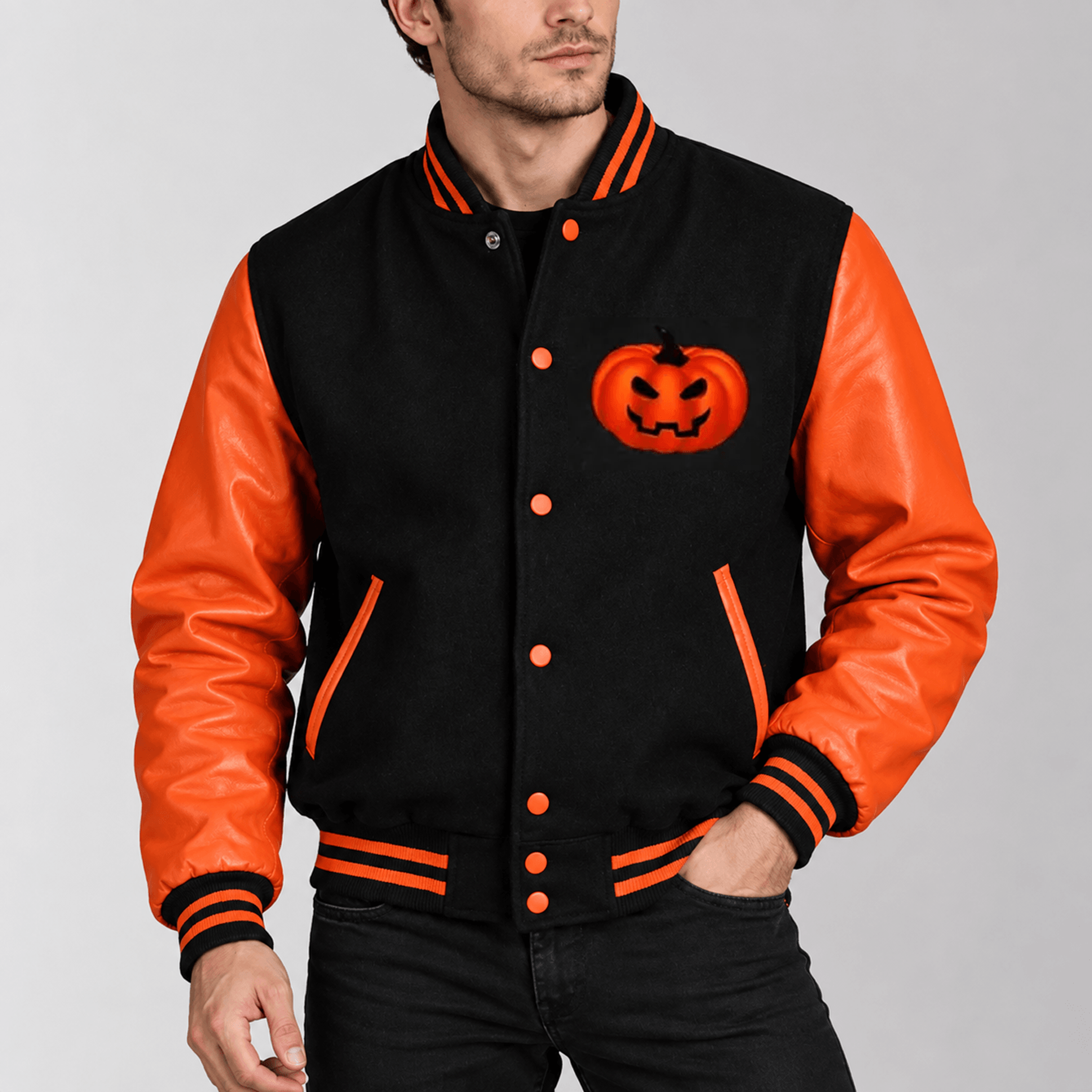 unisex halloween varsity jacket, black orange spooky pumpkin jacket, gothic horror jacket, halloween gift