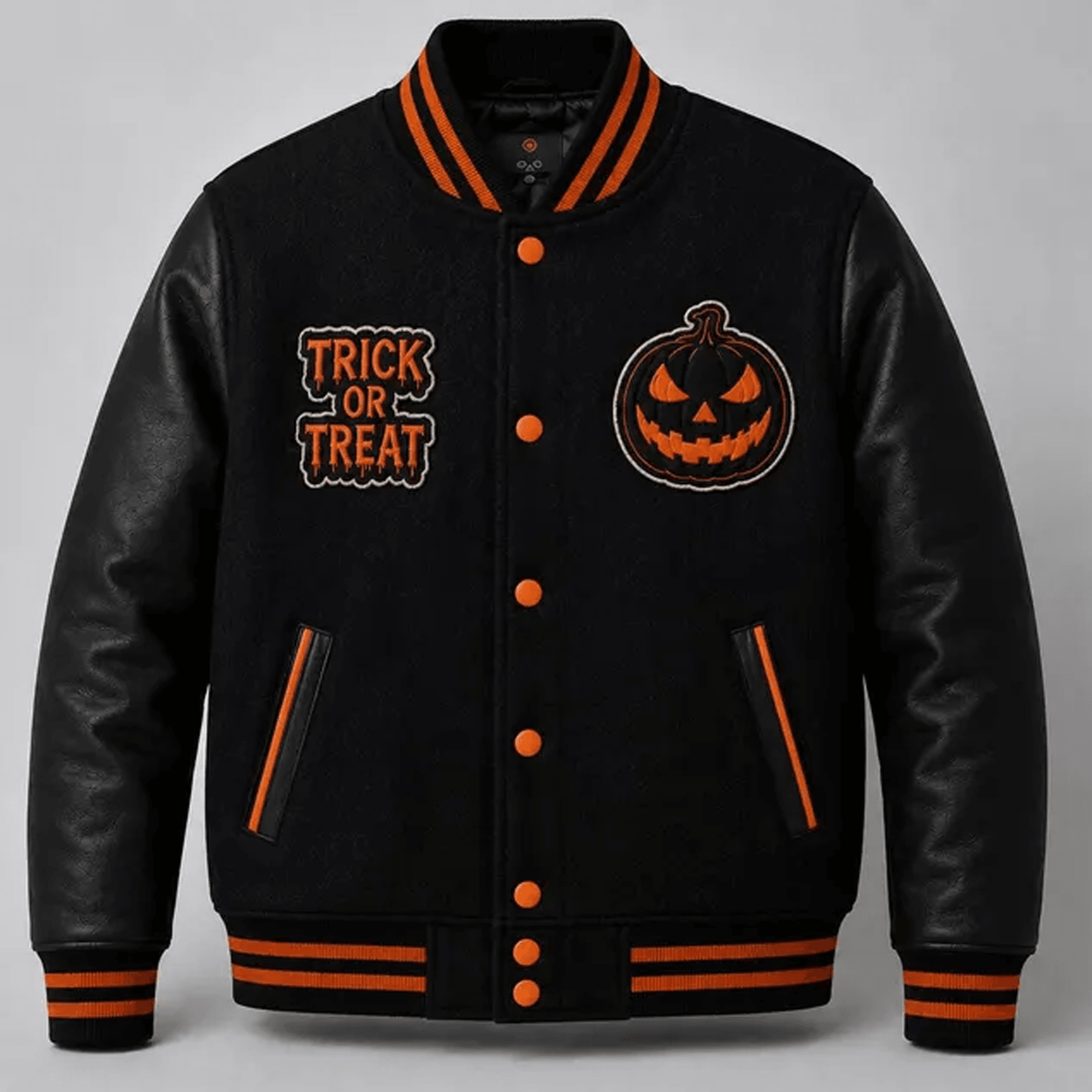unisex halloween varsity jacket, trick or treat pumpkin jacket, black orange spooky letterman jacket, halloween gift
