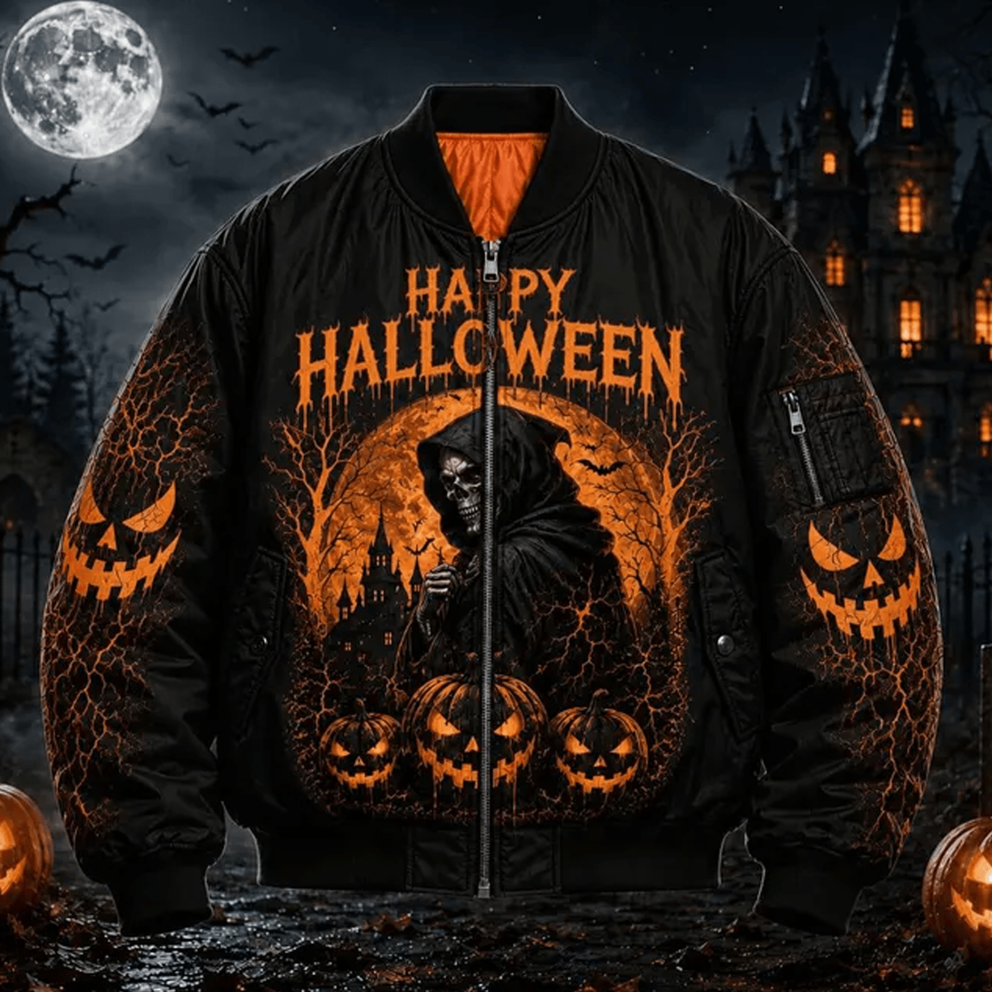 unisex happy halloween varsity jacket, grim reaper pumpkin haunted castle jacket, gothic spooky halloween gift