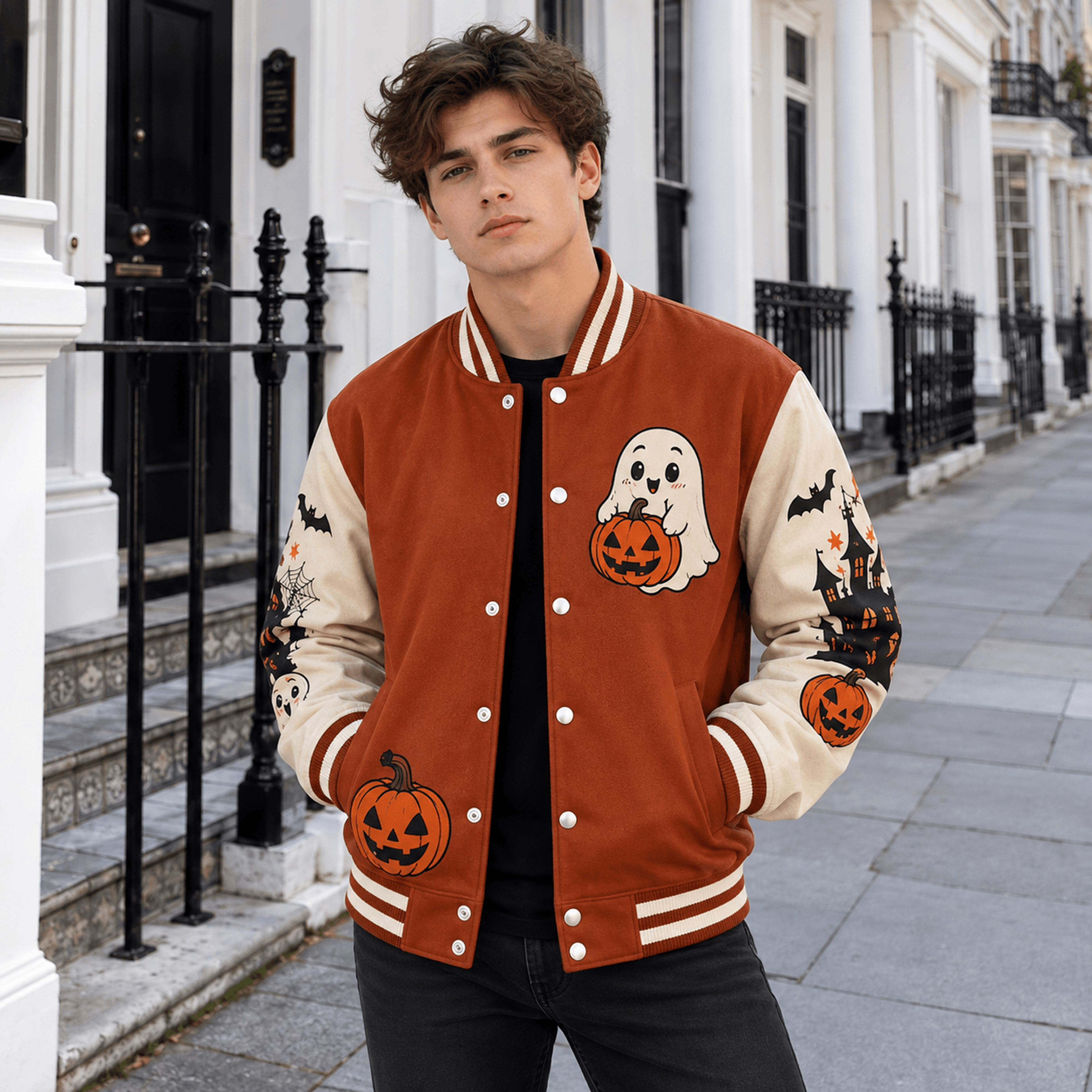unisex halloween varsity jacket, cute ghost pumpkin haunted house bat jacket, orange spooky halloween gift