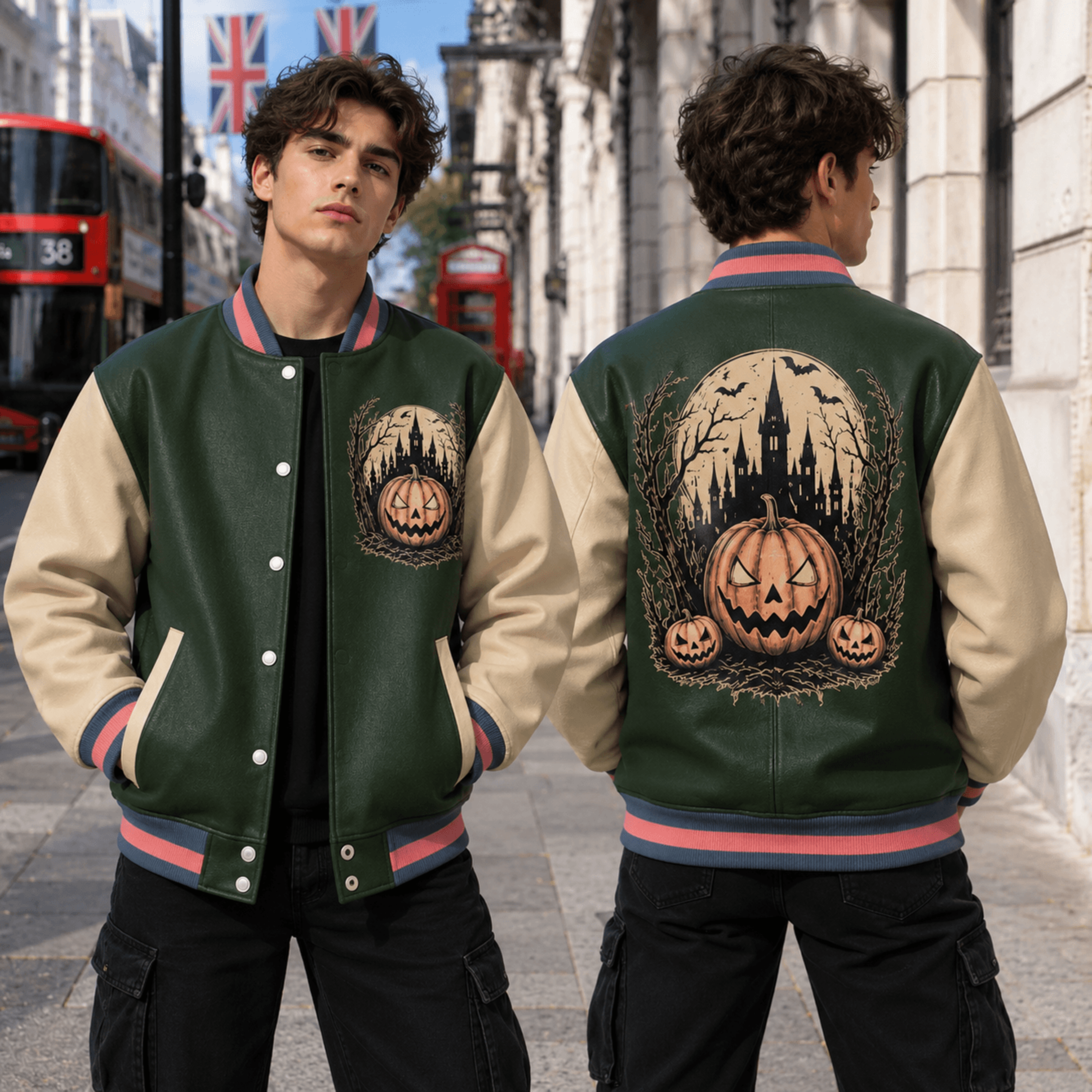 Unisex Halloween Varsity Jacket Haunted Castle Jack O Lantern Pumpkin Jacket Gothic Spooky Hallowee 1