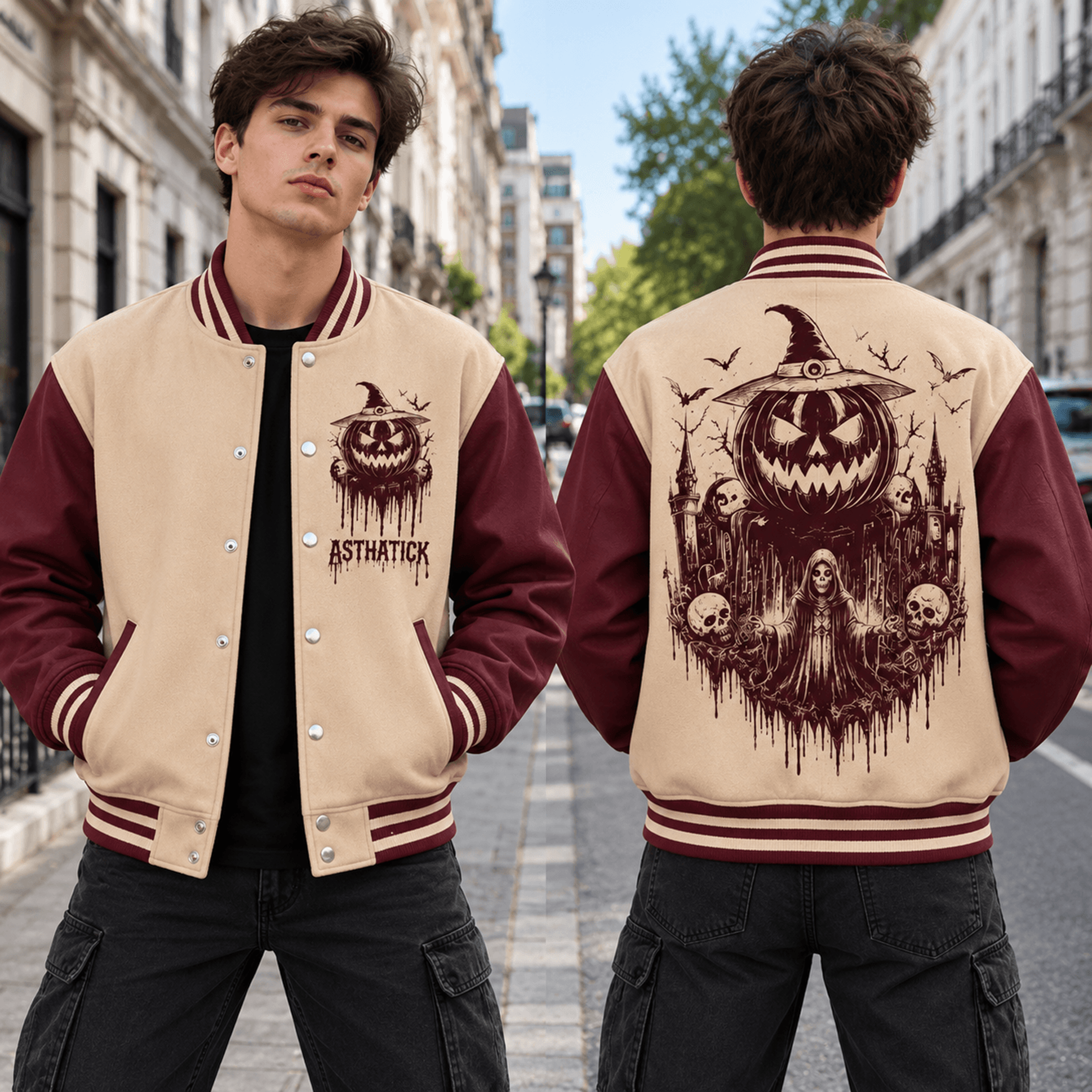 Unisex Halloween Varsity Jacket Witch Pumpkin Grim Reaper Skull Design Gothic Haunted Castle Spooky 1