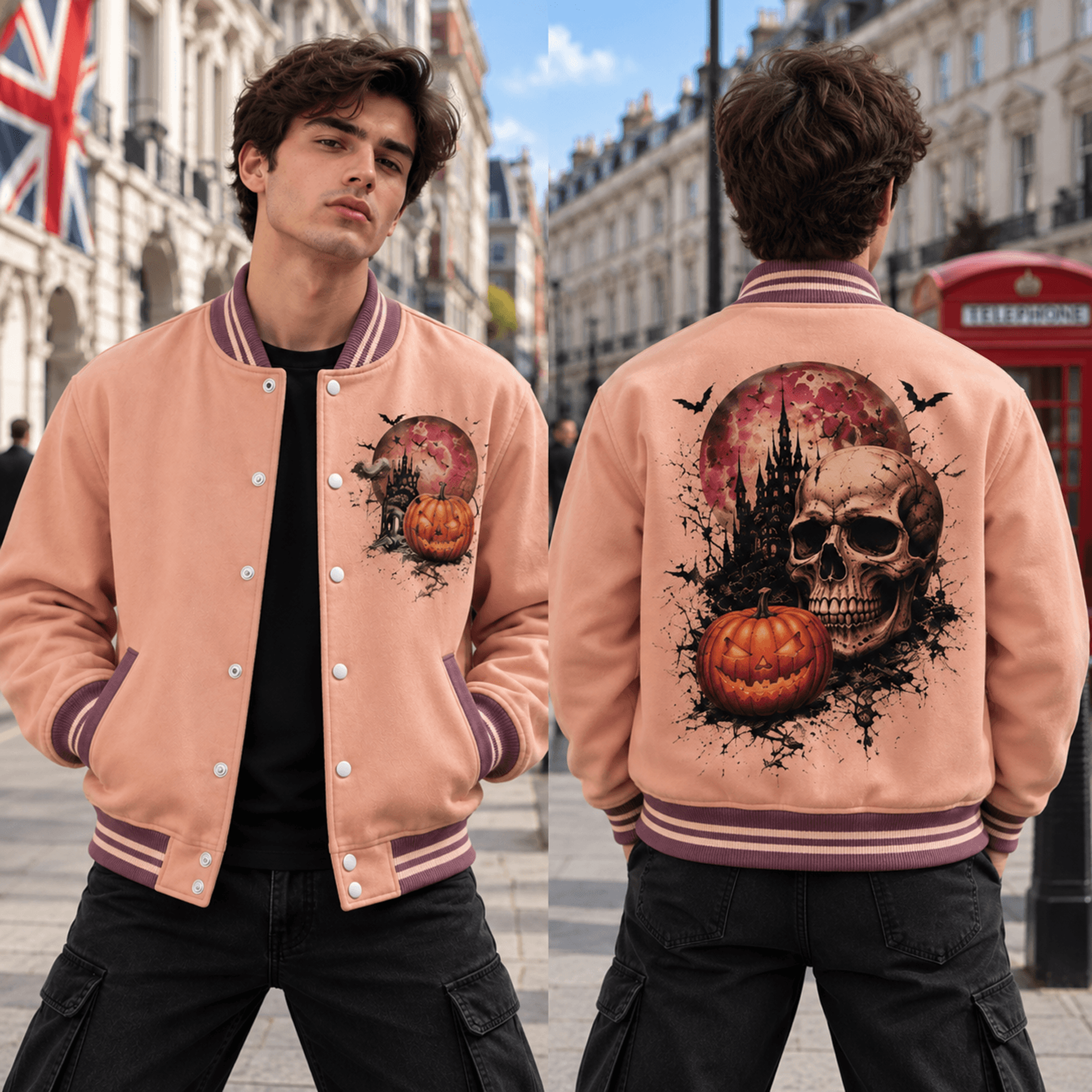 Unisex Halloween Varsity Jacket Skull Jack O Lantern Haunted Castle Bat Design Peach Gothic Spooky  1