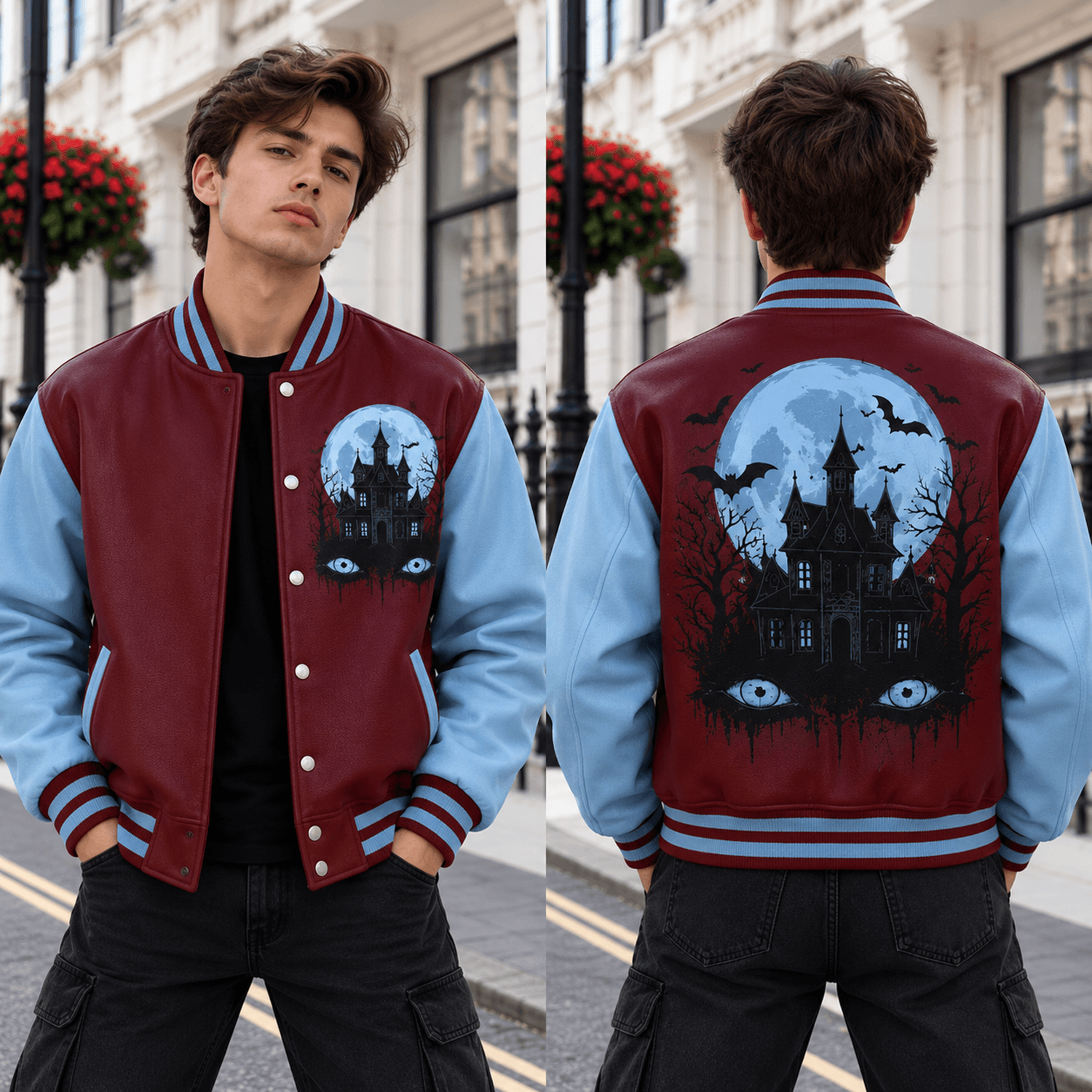 Unisex Halloween Varsity Jacket Haunted House Full Moon Bat Design Burgundy Blue Gothic Spooky Jack 1