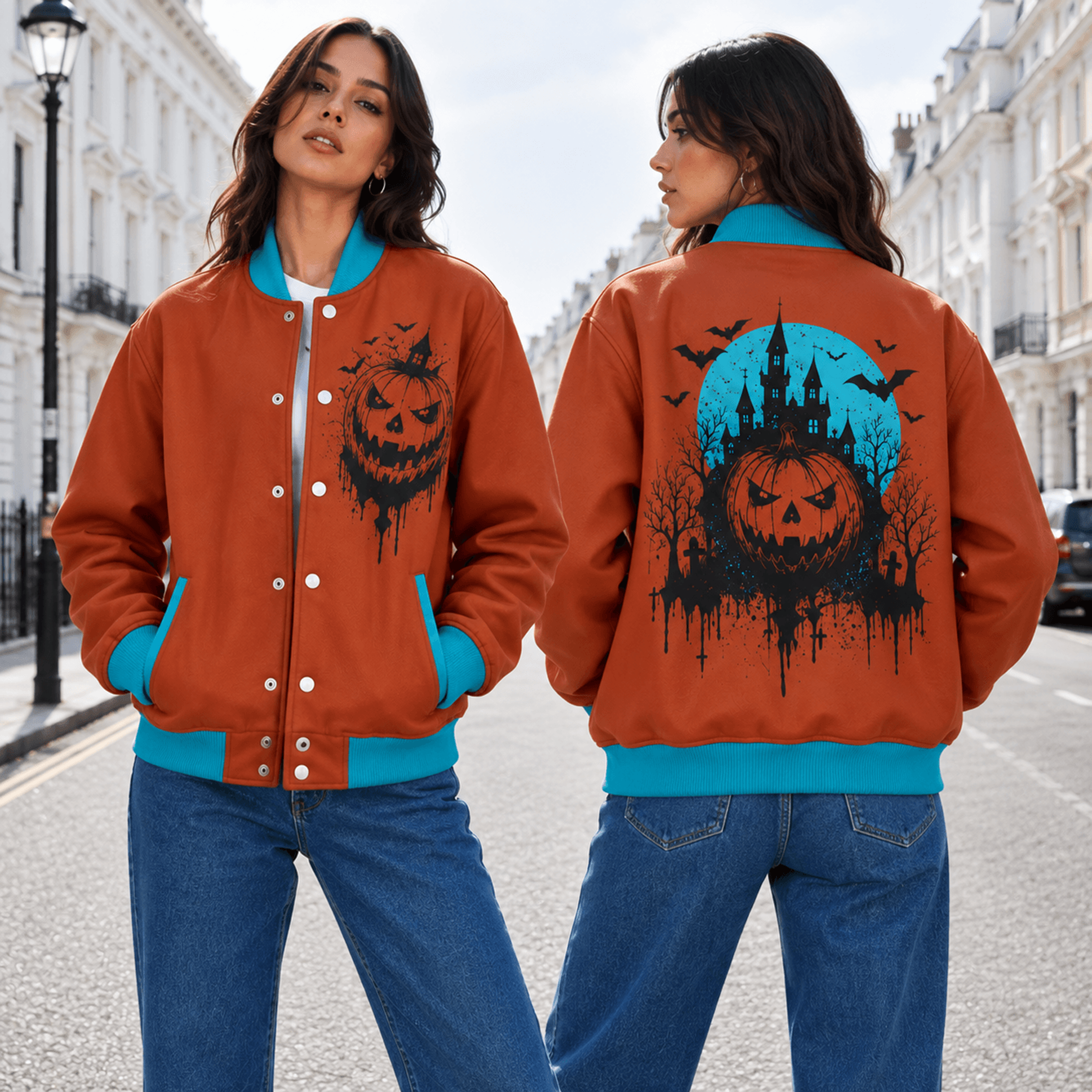 Unisex Halloween Varsity Jacket Evil Jack O Lantern Haunted Castle Bat Design Orange Blue Gothic Sp 1