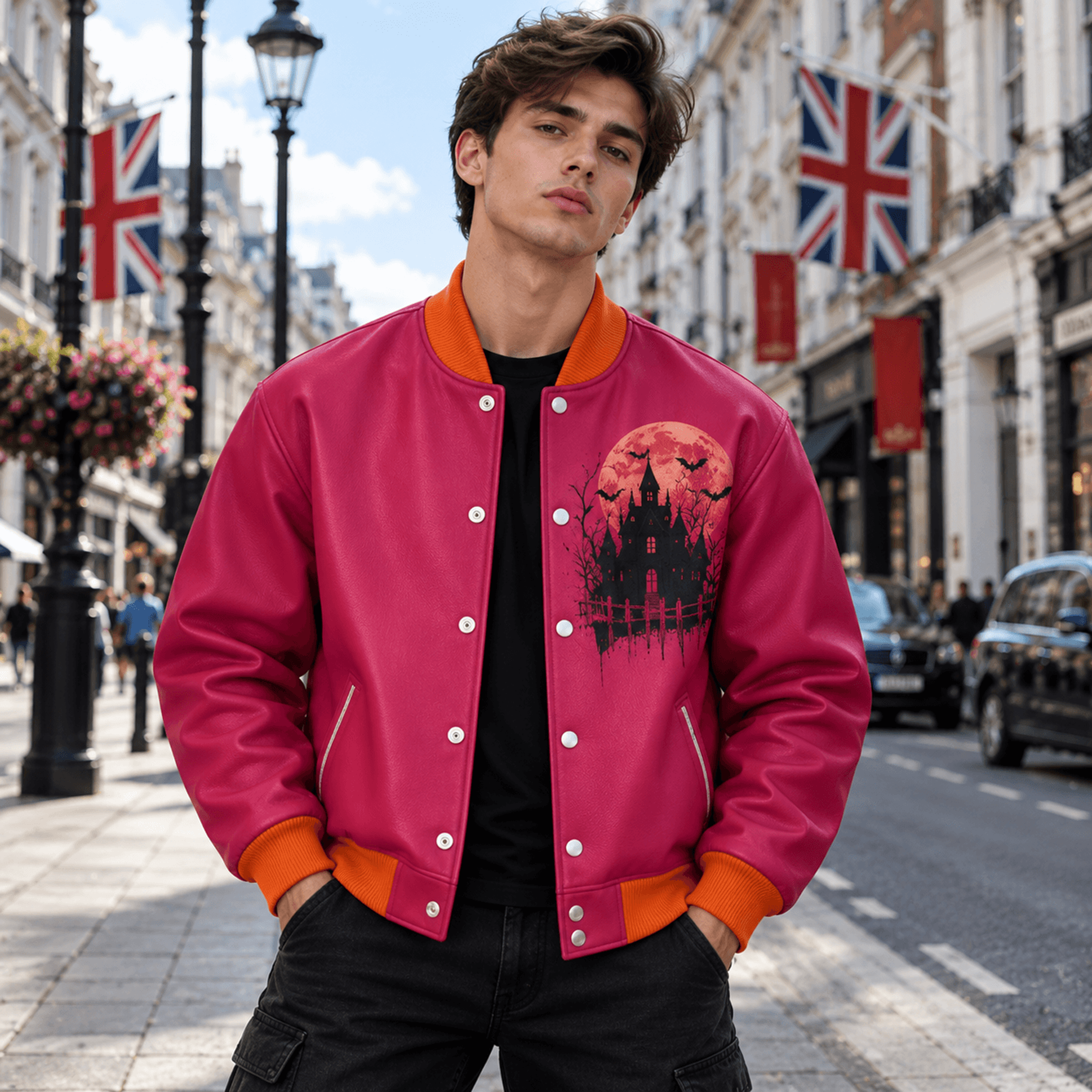 unisex halloween varsity jacket, haunted house pumpkin bat full moon design, pink orange gothic spooky jacket gift