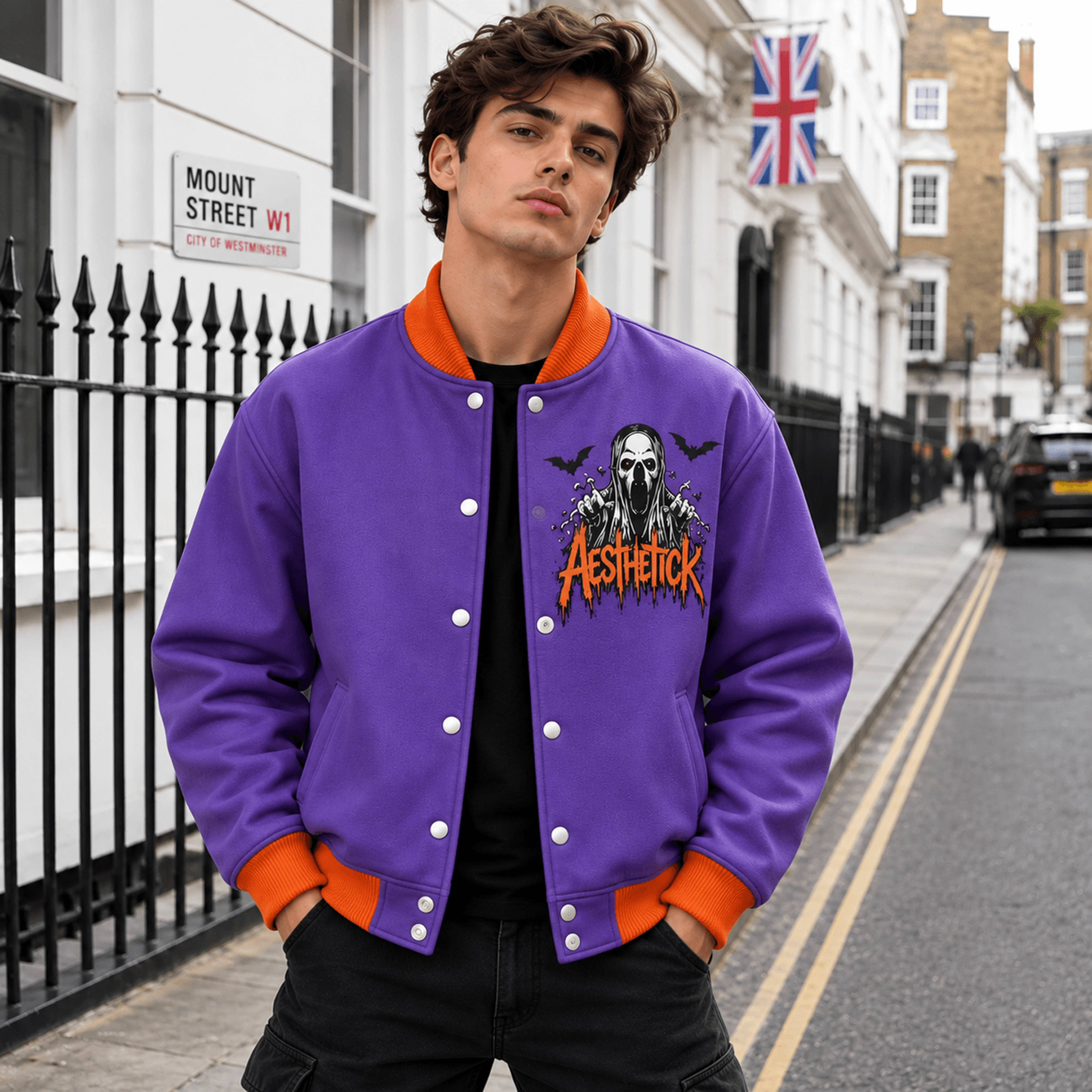 unisex halloween varsity jacket, scary ghoul jack o lantern bat design, purple orange gothic horror jacket gift