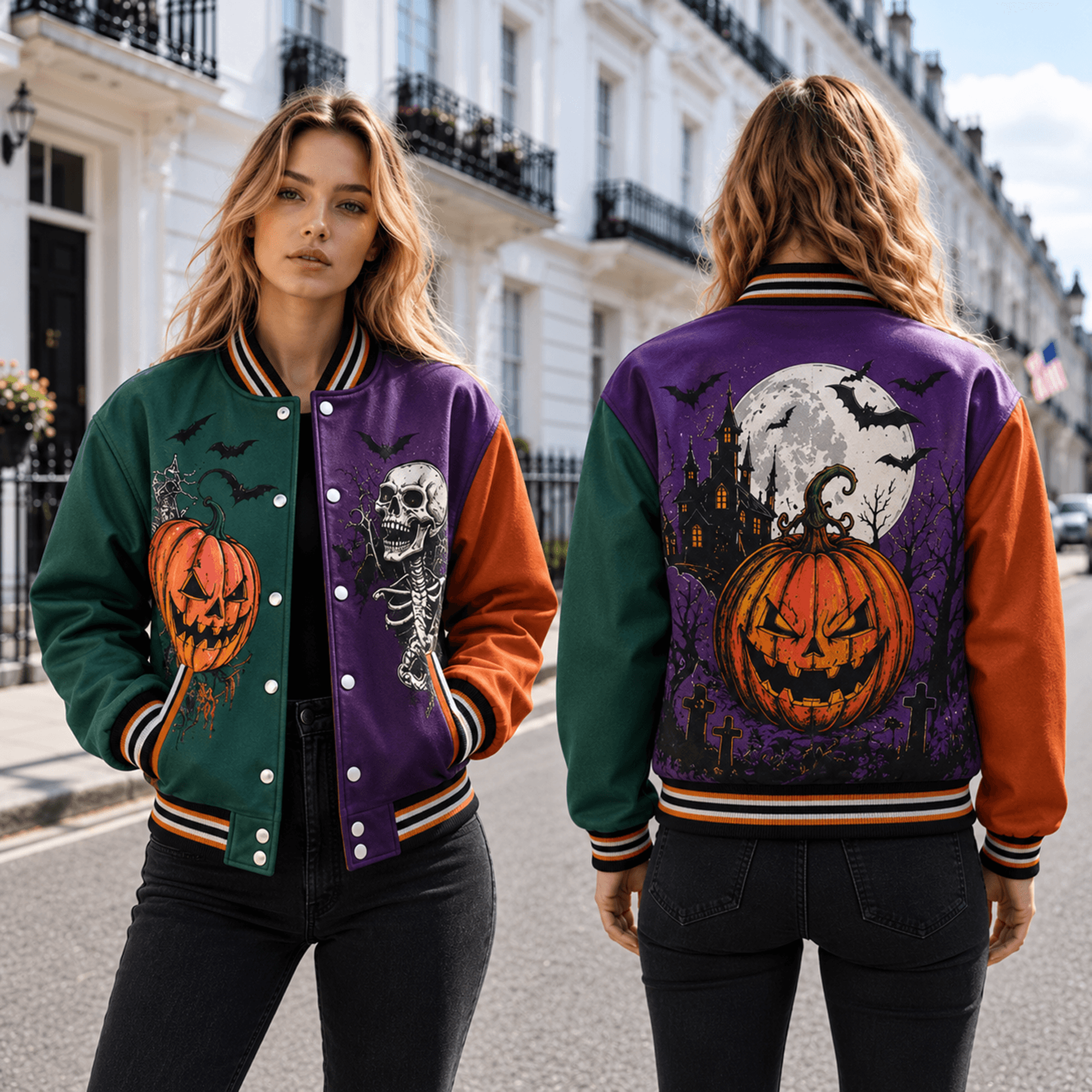Unisex Halloween Varsity Jacket Jack O Lantern Skeleton Haunted House Design Pumpkin Skull Spooky J 1