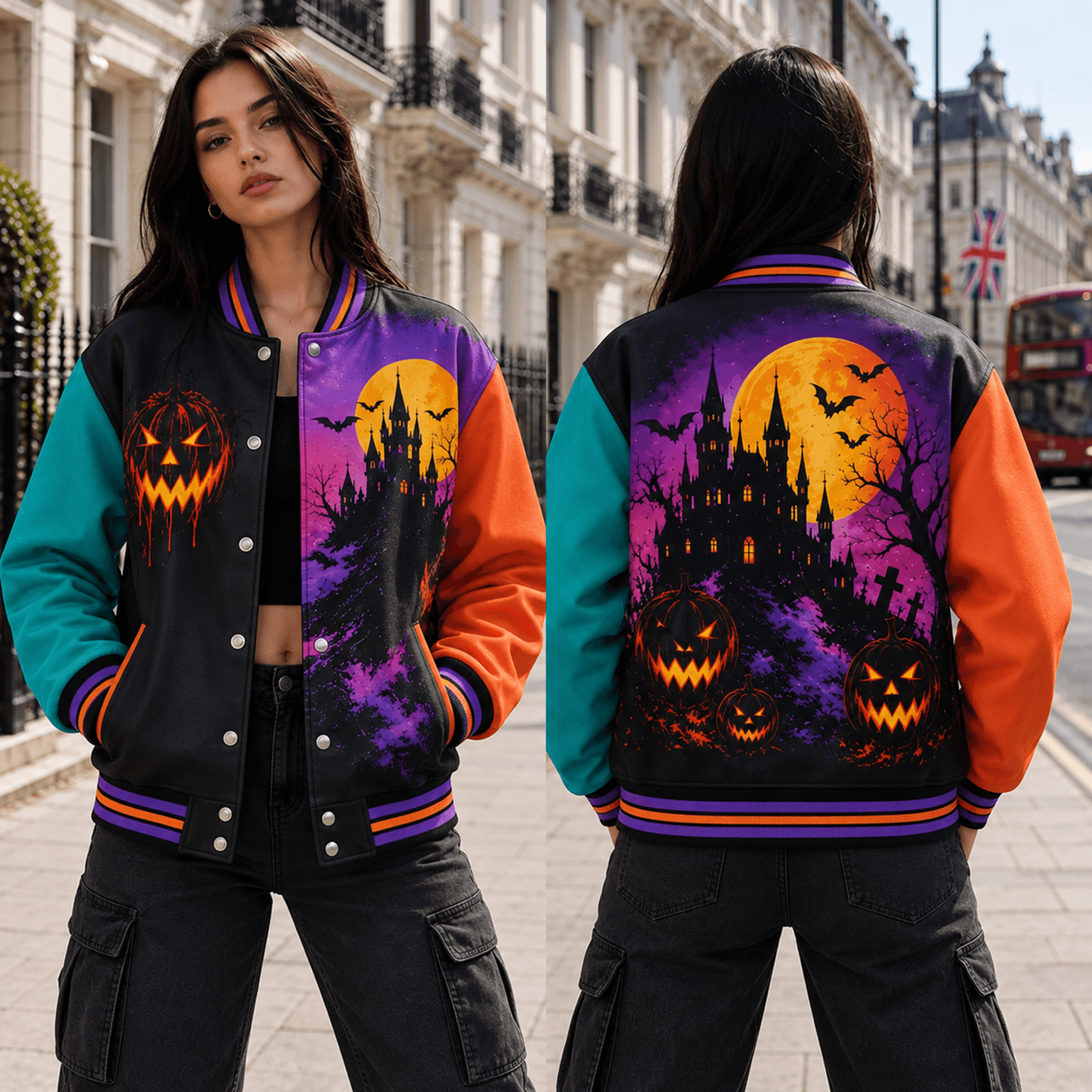 Unisex Halloween Varsity Jacket Haunted Castle Jack O Lantern Pumpkin Design Full Moon Bat Spooky J 1