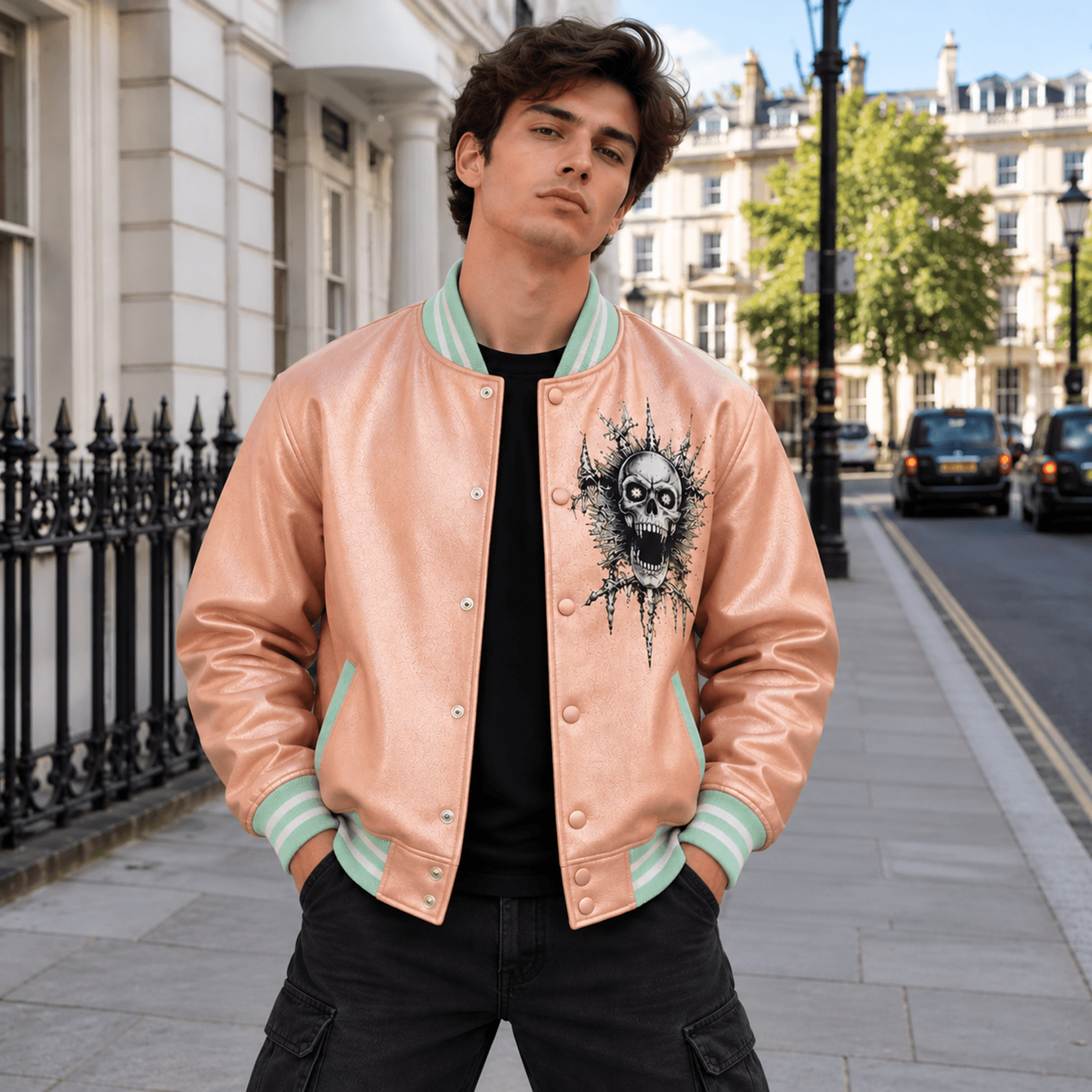 unisex halloween varsity jacket, screaming skull gothic horror design, pink spooky skeleton jacket, halloween gift