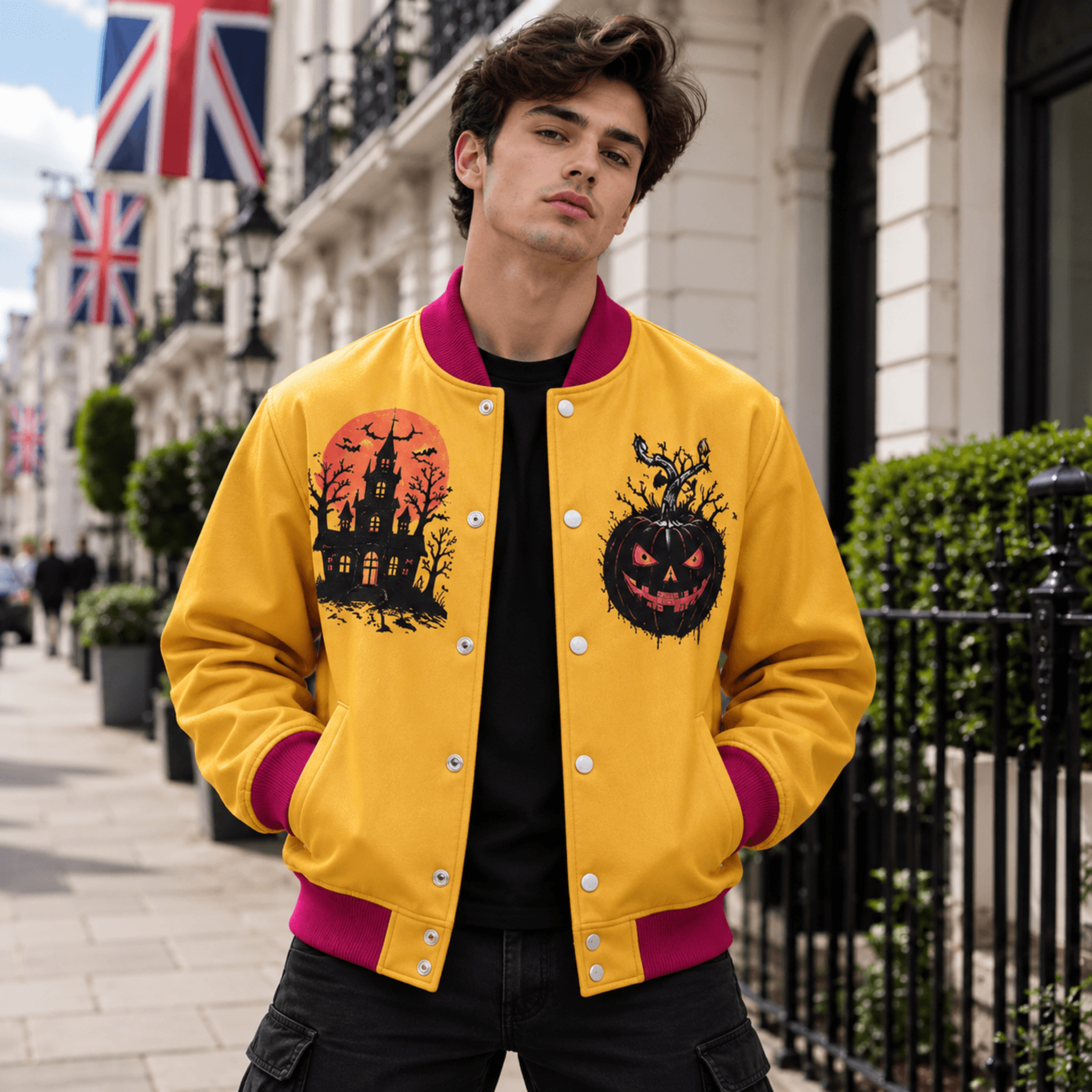 unisex halloween varsity jacket, haunted house jack o lantern pumpkin design, orange moon spooky jacket gift
