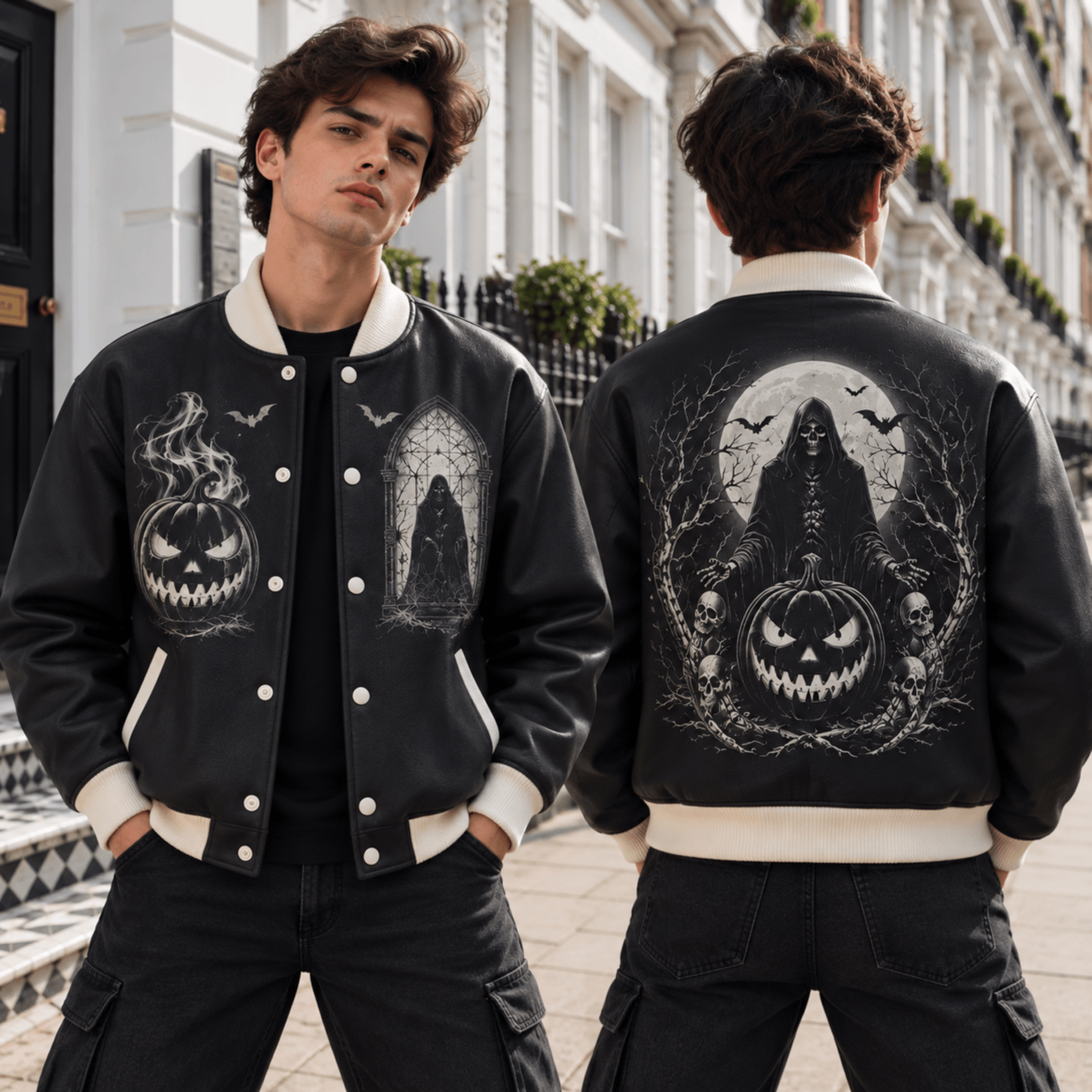 Unisex Halloween Varsity Jacket Grim Reaper Jack O Lantern Skull Design Black Gothic Horror Spooky  1