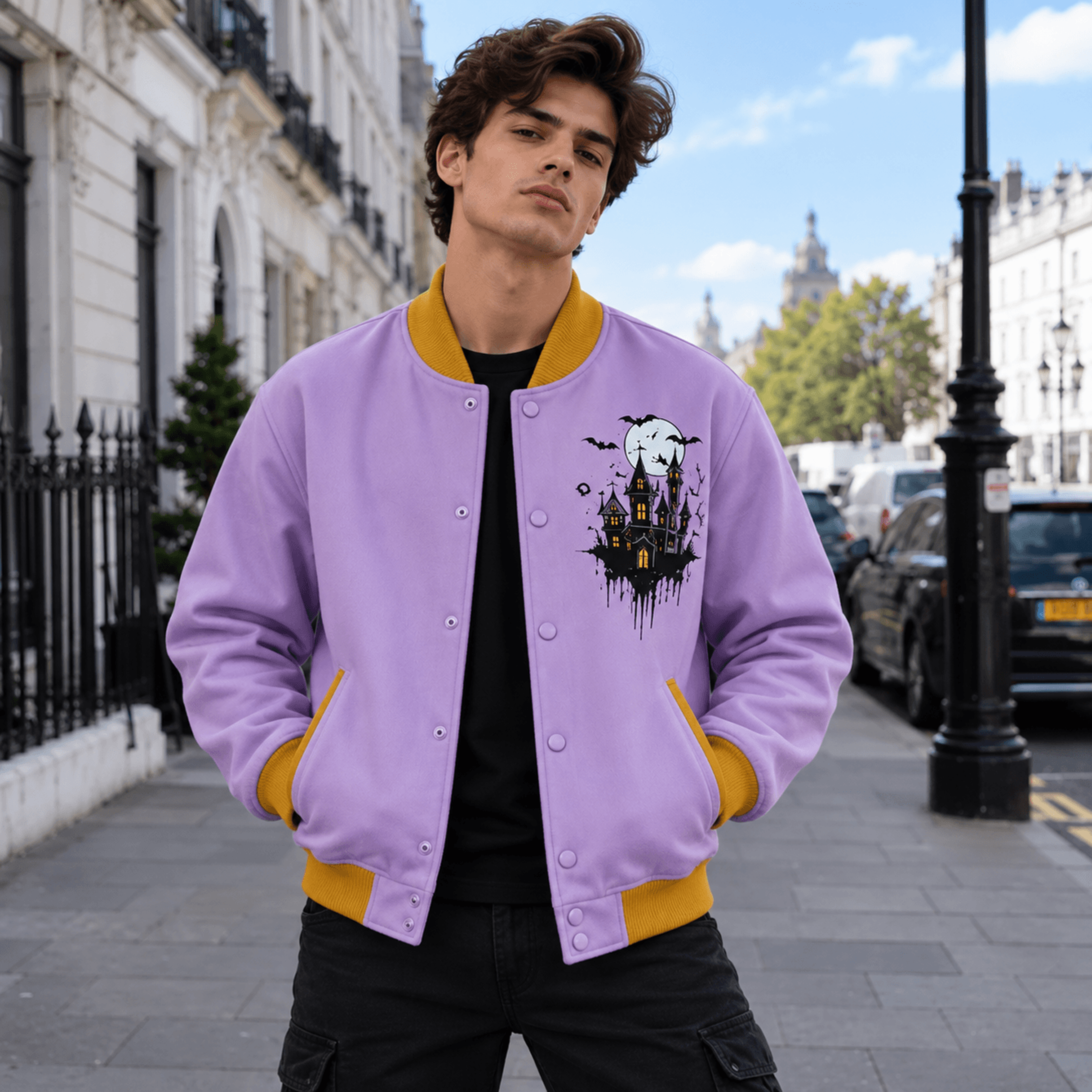 unisex halloween varsity jacket, haunted castle pumpkin bat design, purple gothic spooky season jacket, halloween gift