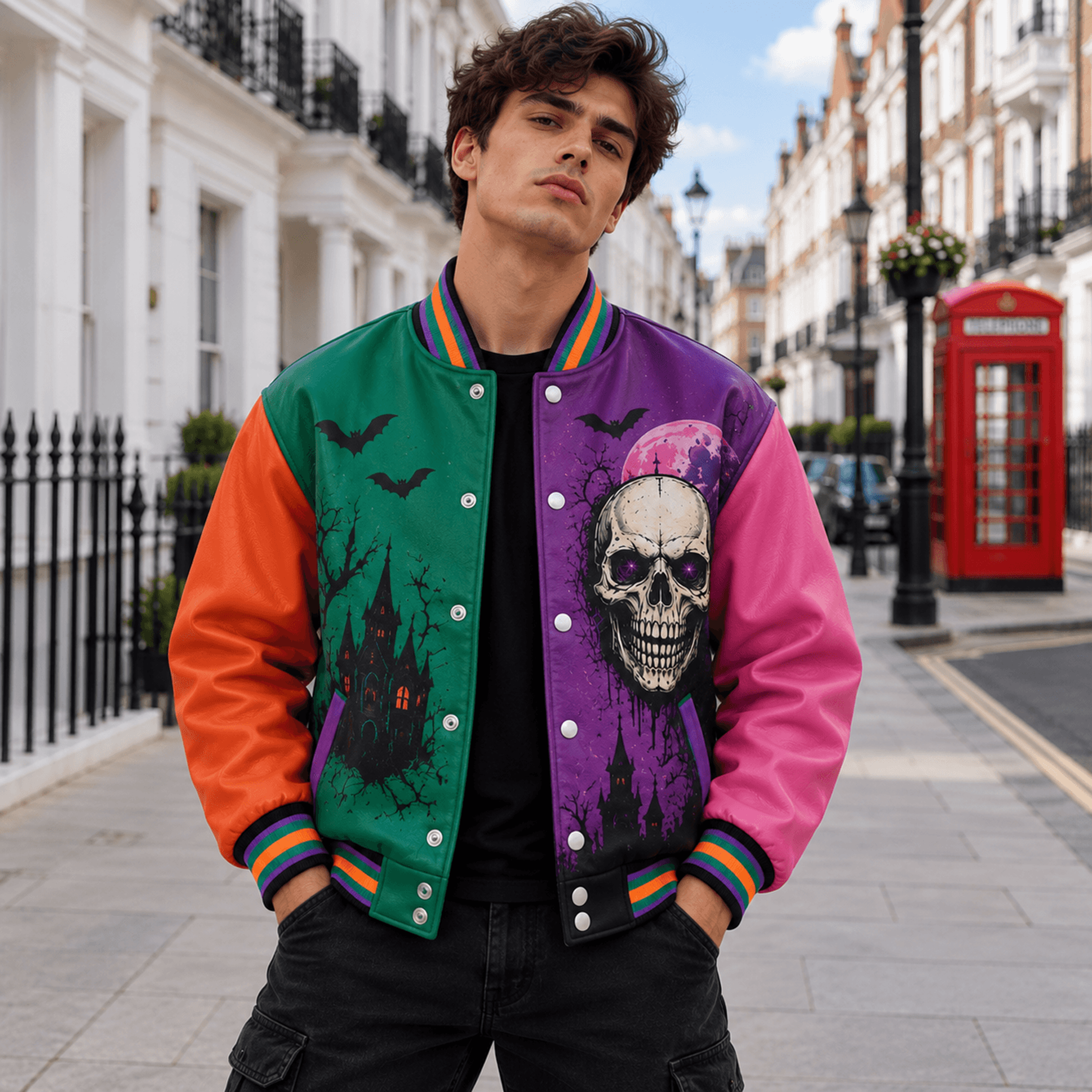 unisex halloween varsity jacket, skull ghost pumpkin haunted castle design, colorful gothic spooky season jacket