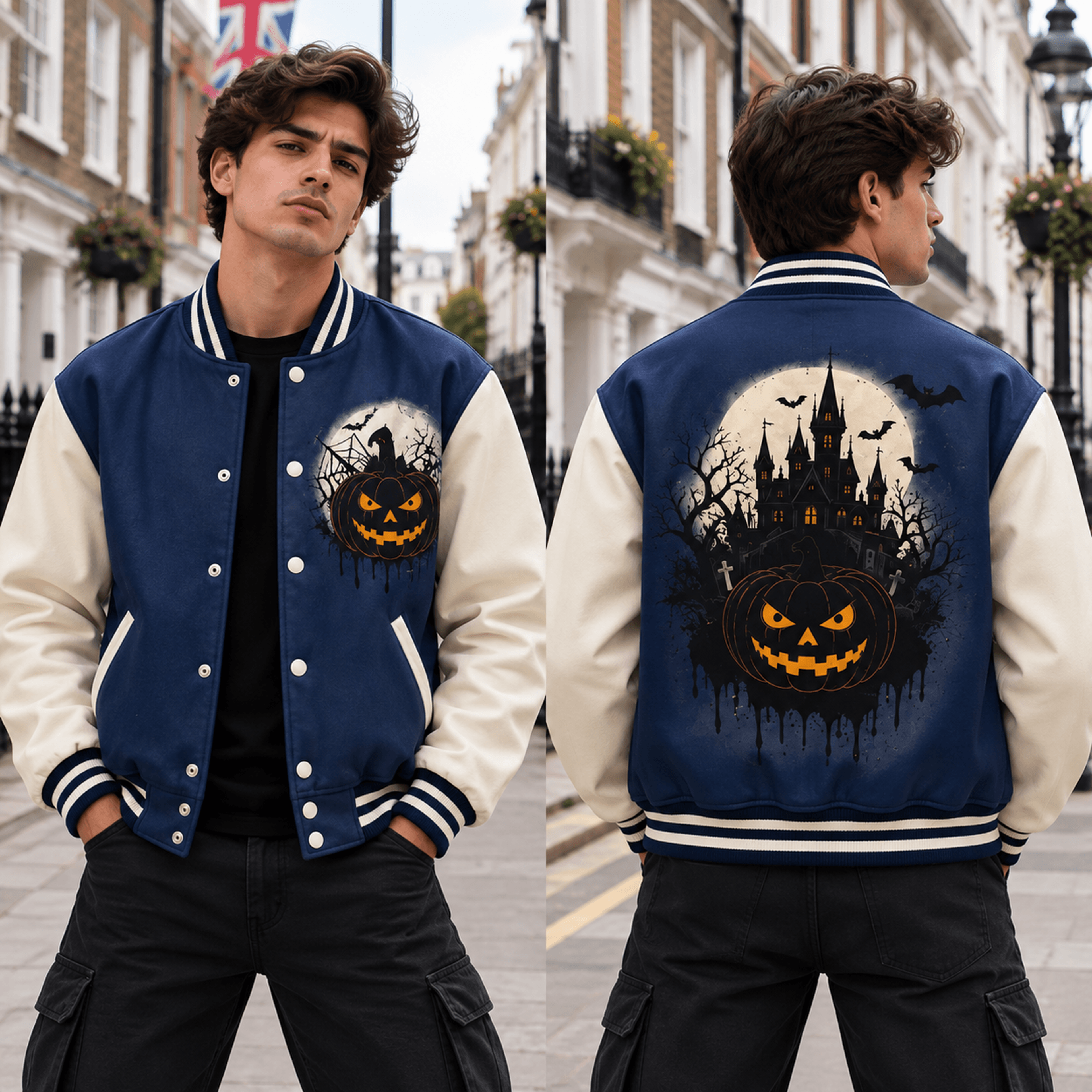 Unisex Halloween Varsity Jacket Haunted Castle Jack O Lantern Pumpkin Graphic Navy Blue White Spook 1