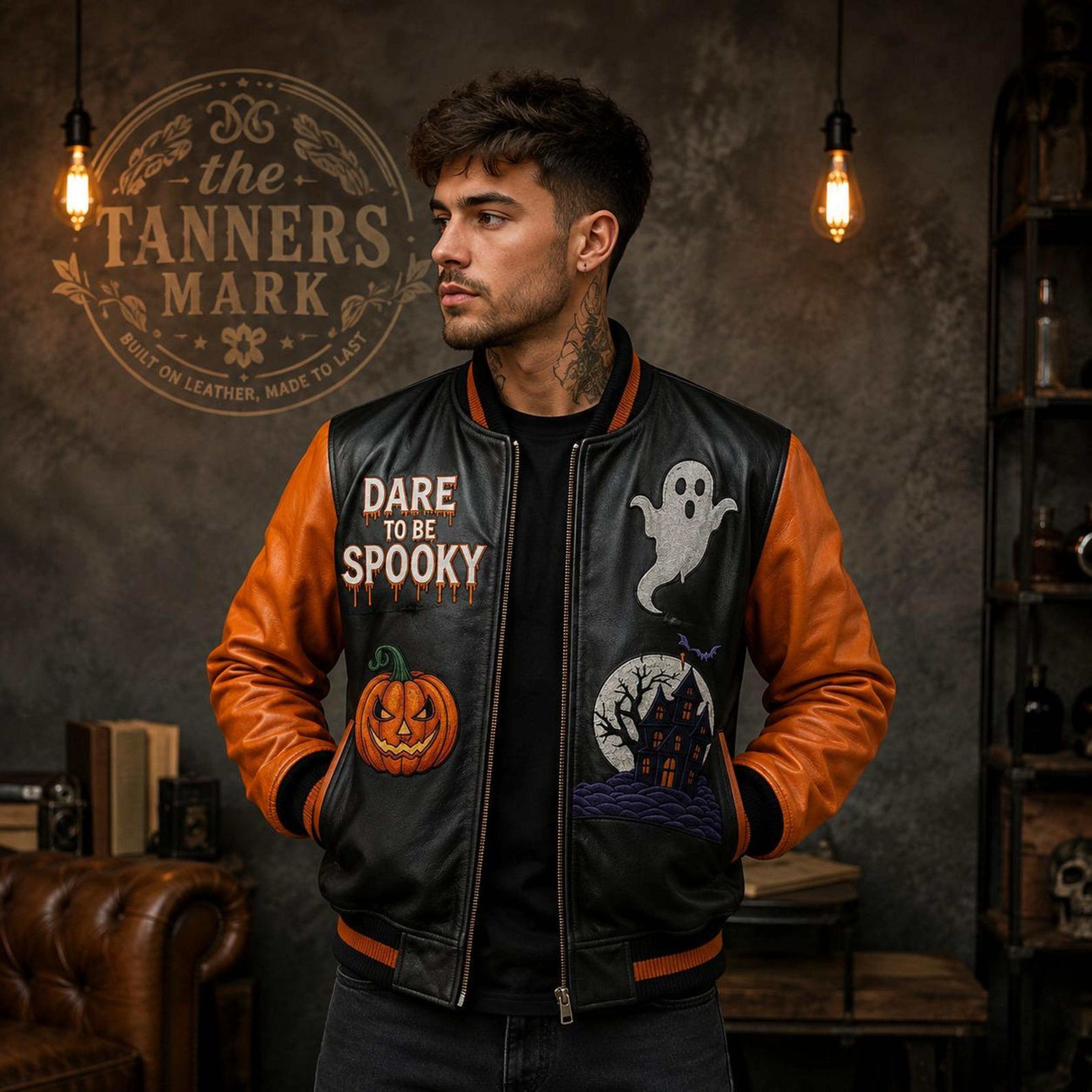 unisex halloween varsity jacket, haunted castle pumpkin graveyard graphic, black orange gothic spooky season jacket