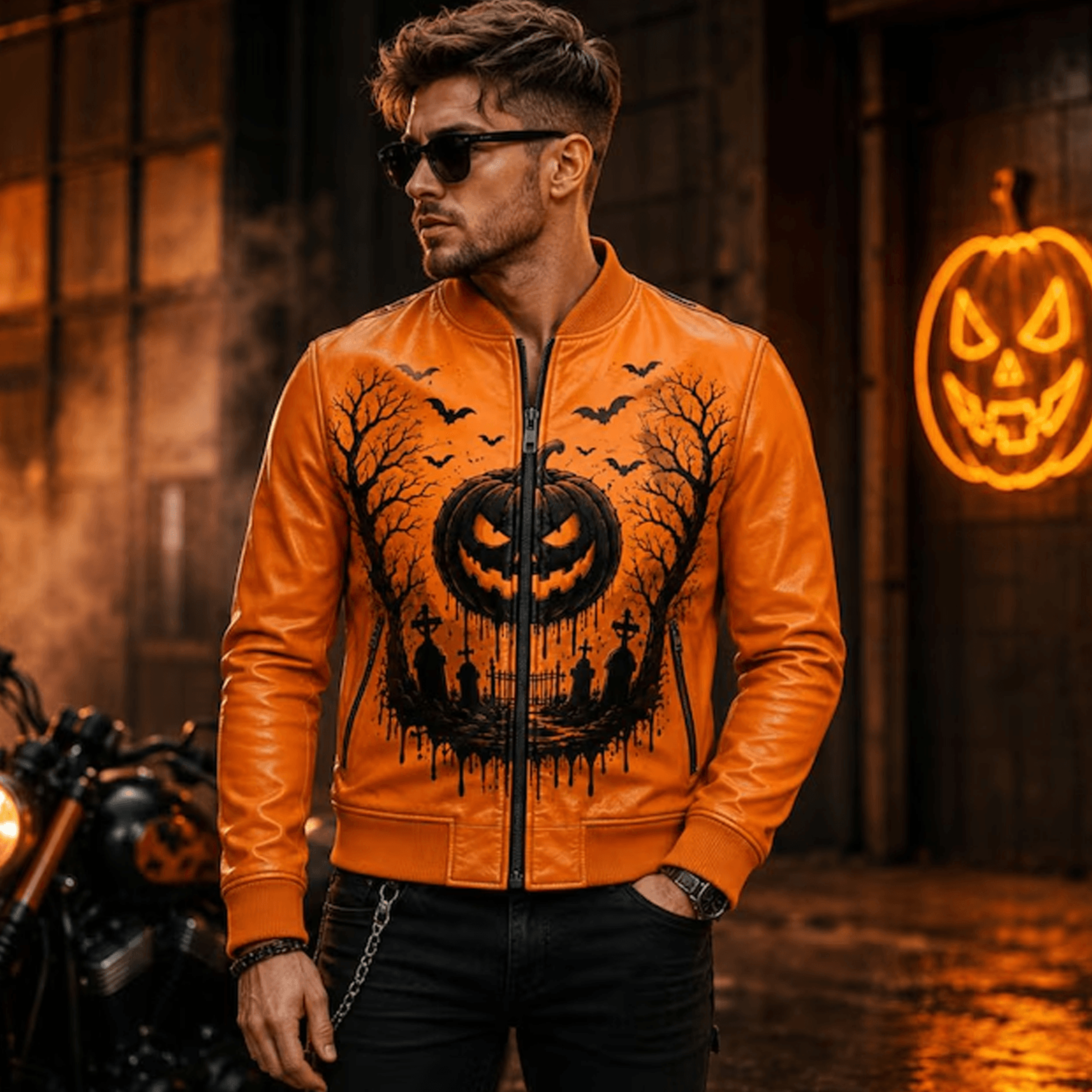 unisex halloween varsity jacket, orange jack o lantern pumpkin graphic, haunted gothic spooky season jacket, halloween g