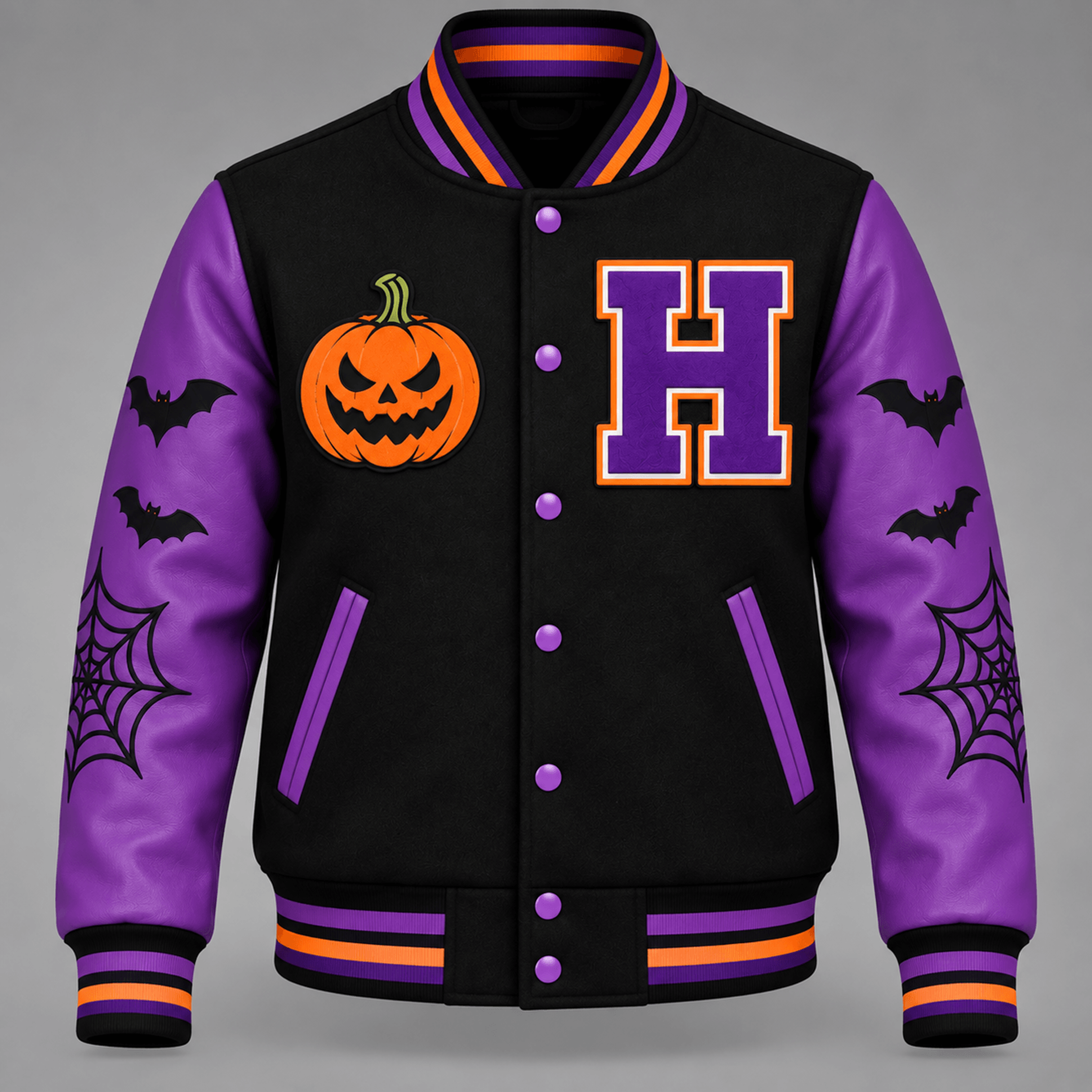 unisex halloween varsity jacket, gothic purple skull spooky graphic jacket, dark horror halloween gift
