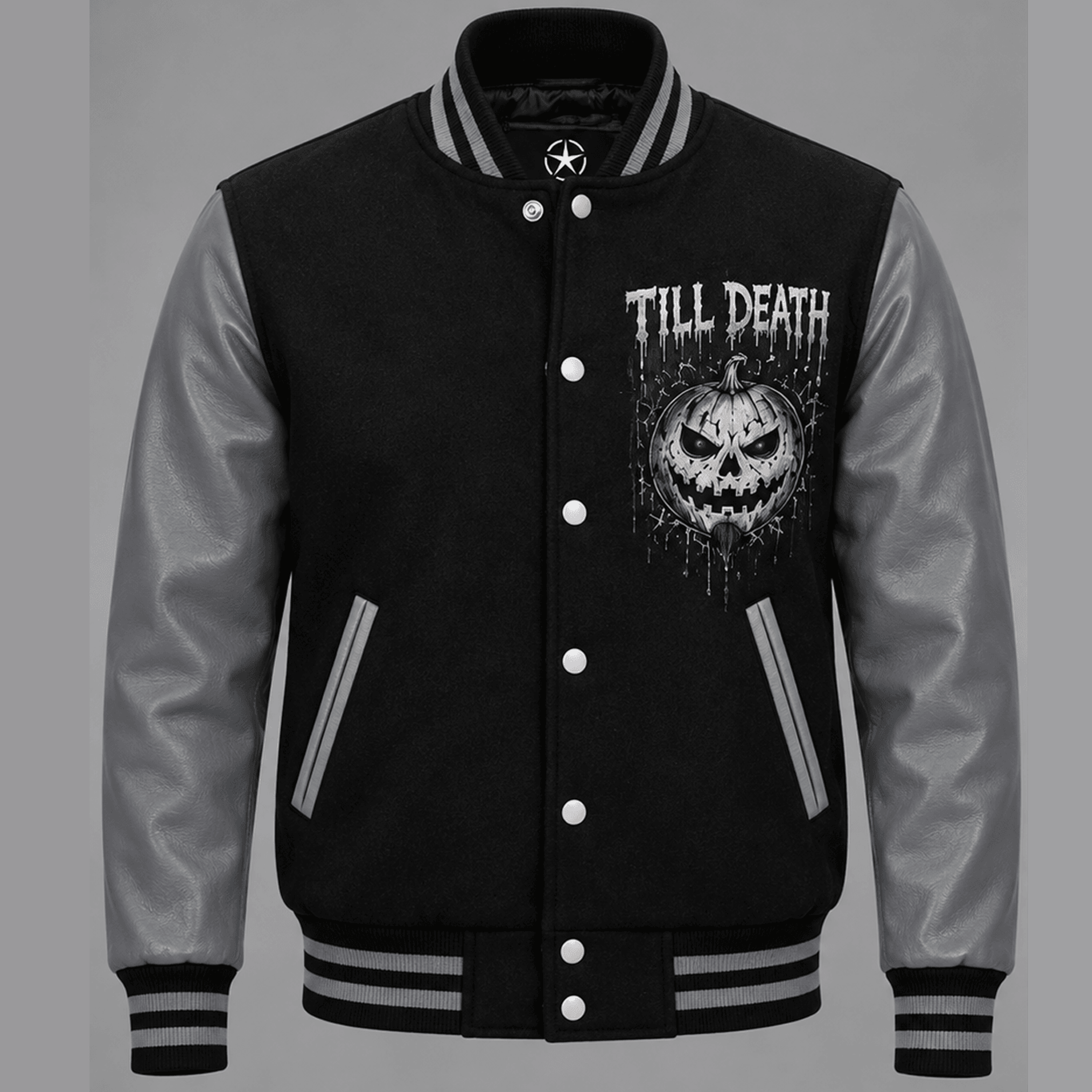 unisex halloween varsity jacket, grim reaper pumpkin graveyard graphic, till death gothic horror spooky jacket