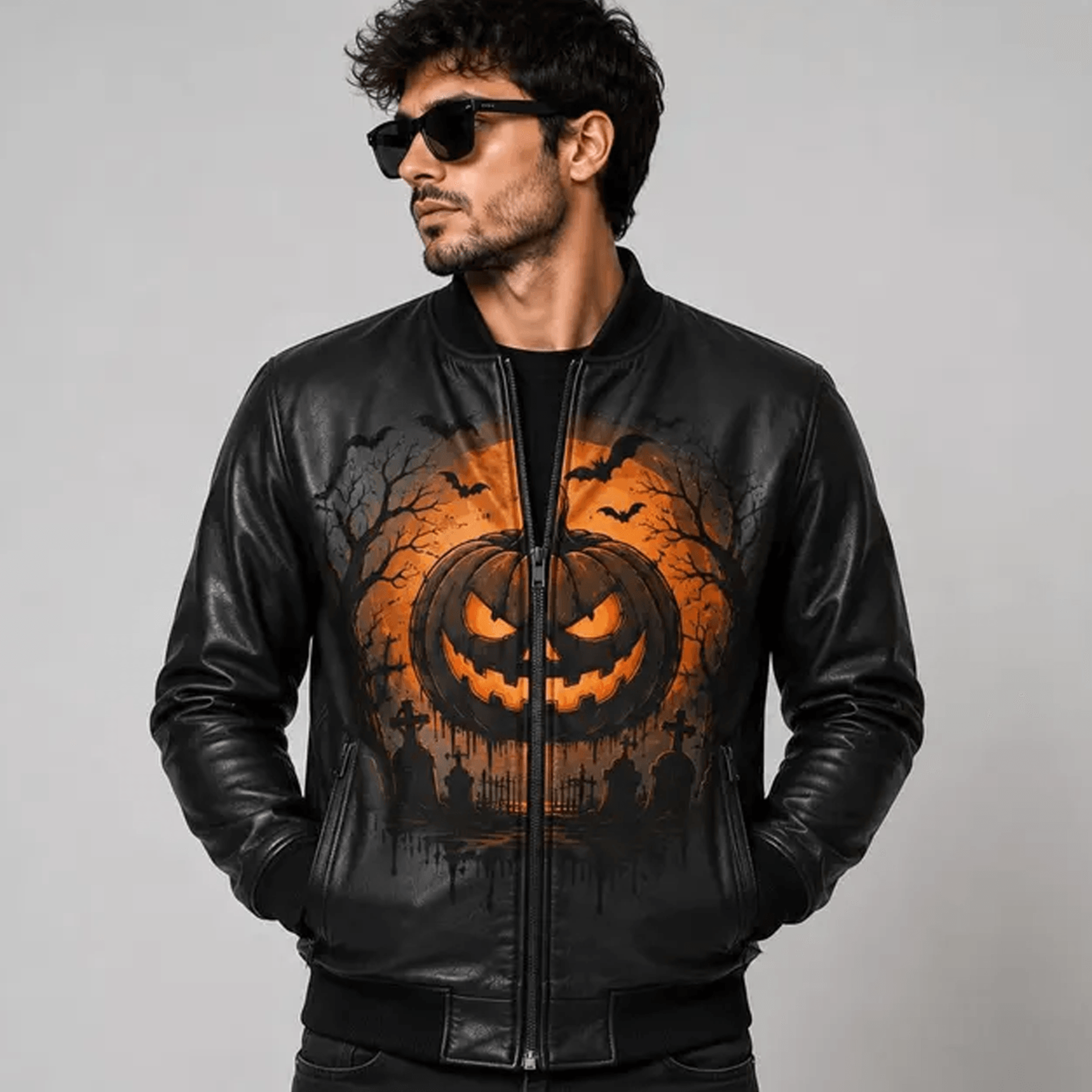 unisex halloween varsity jacket, jack o lantern scarecrow graveyard graphic, black orange spooky gothic jacket
