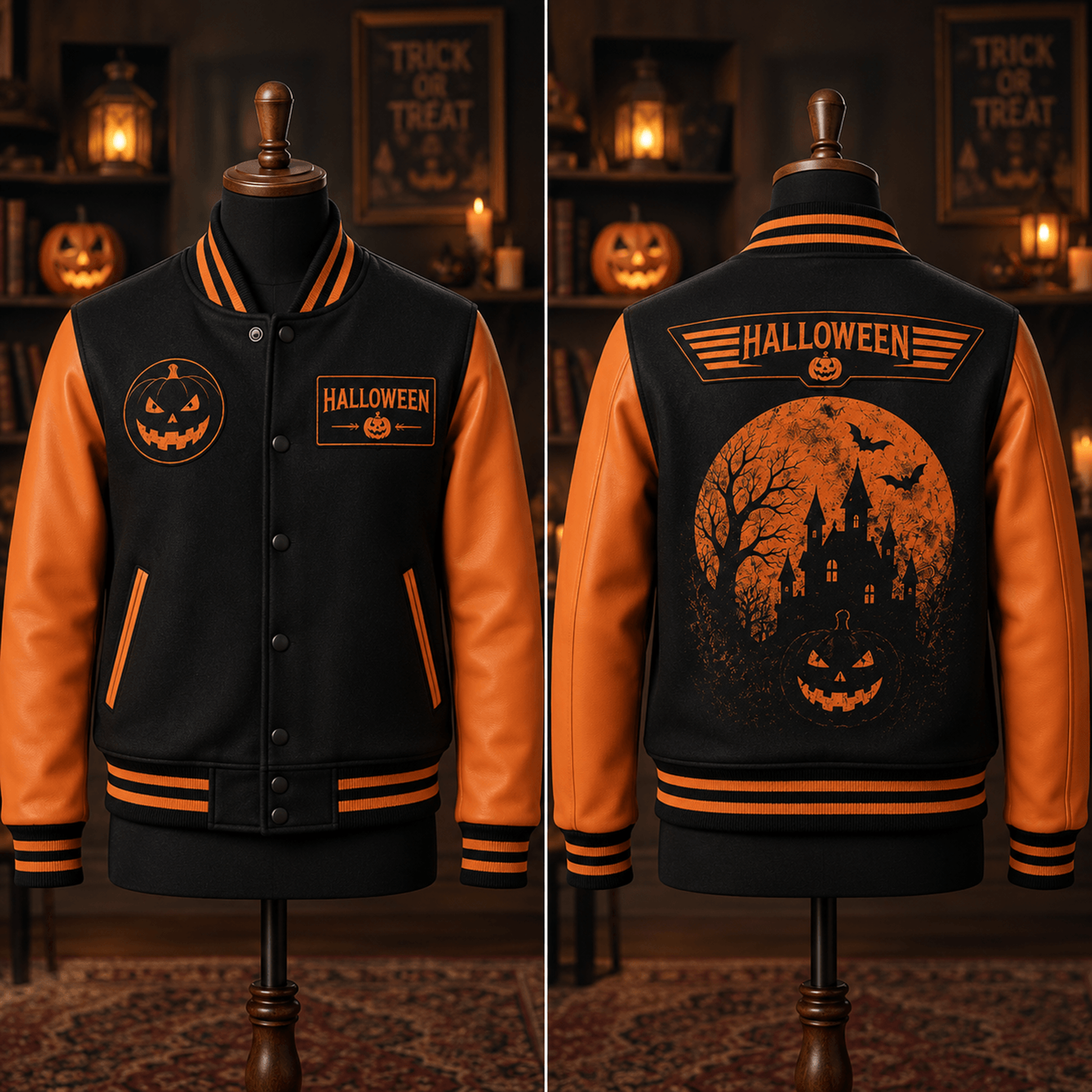 unisex halloween varsity jacket, haunted castle jack o lantern graphic, black orange vintage spooky jacket