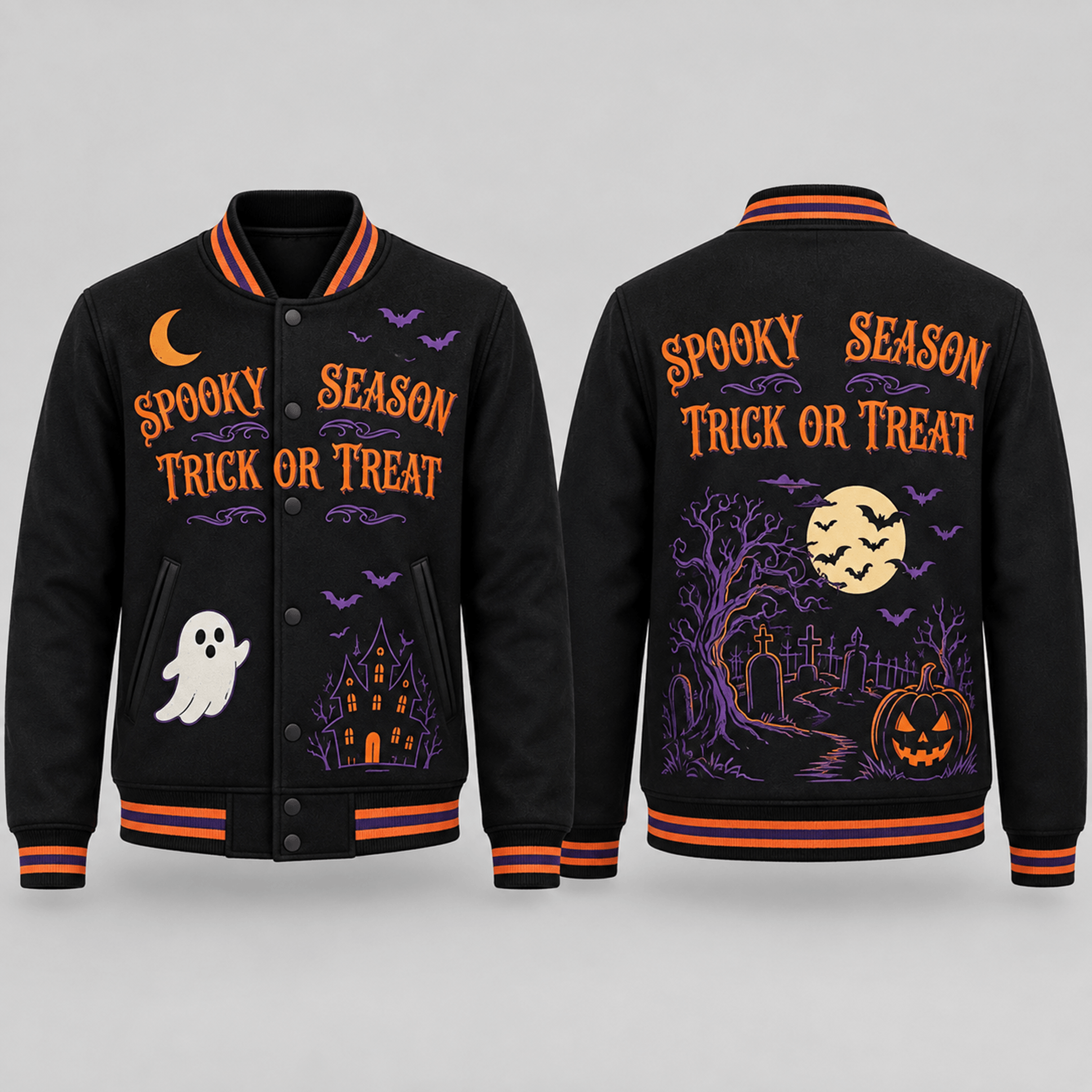 unisex spooky season halloween varsity jacket, trick or treat ghost haunted house pumpkin graveyard jacket