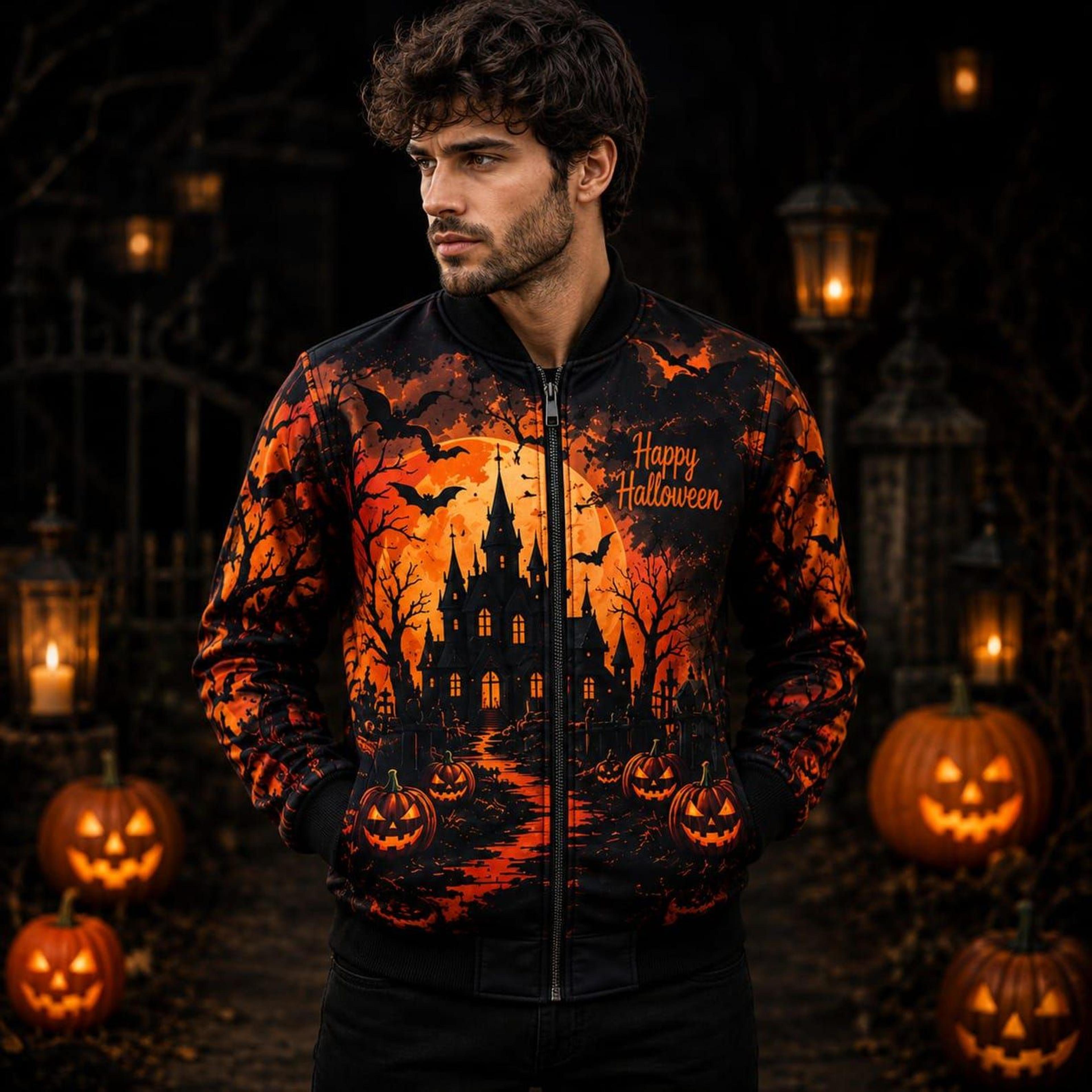 unisex halloween varsity jacket, haunted castle jack o lantern graphic, trick or treat spooky night jacket