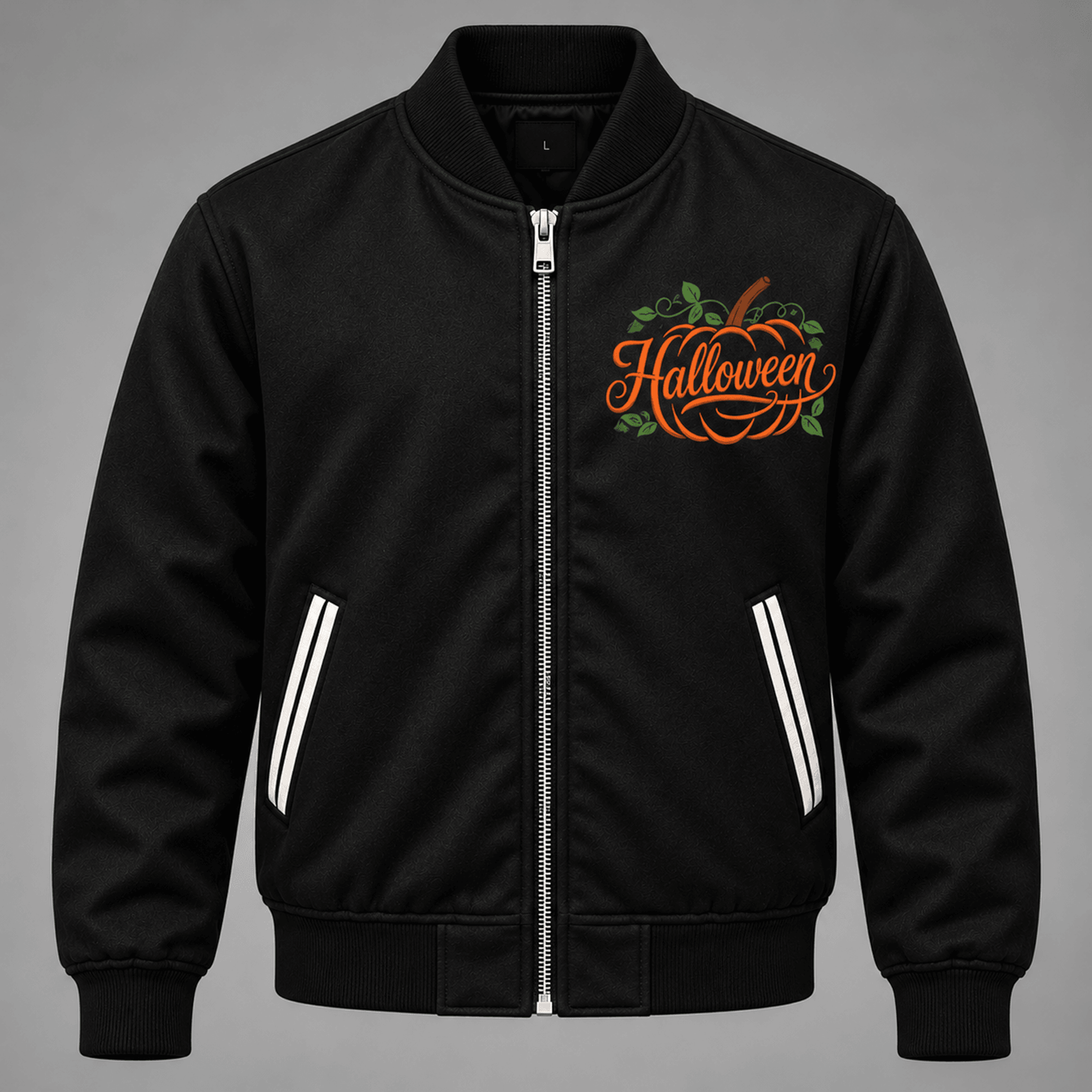 unisex halloween varsity jacket, pumpkin script graphic, black spooky season jacket, fall halloween gift