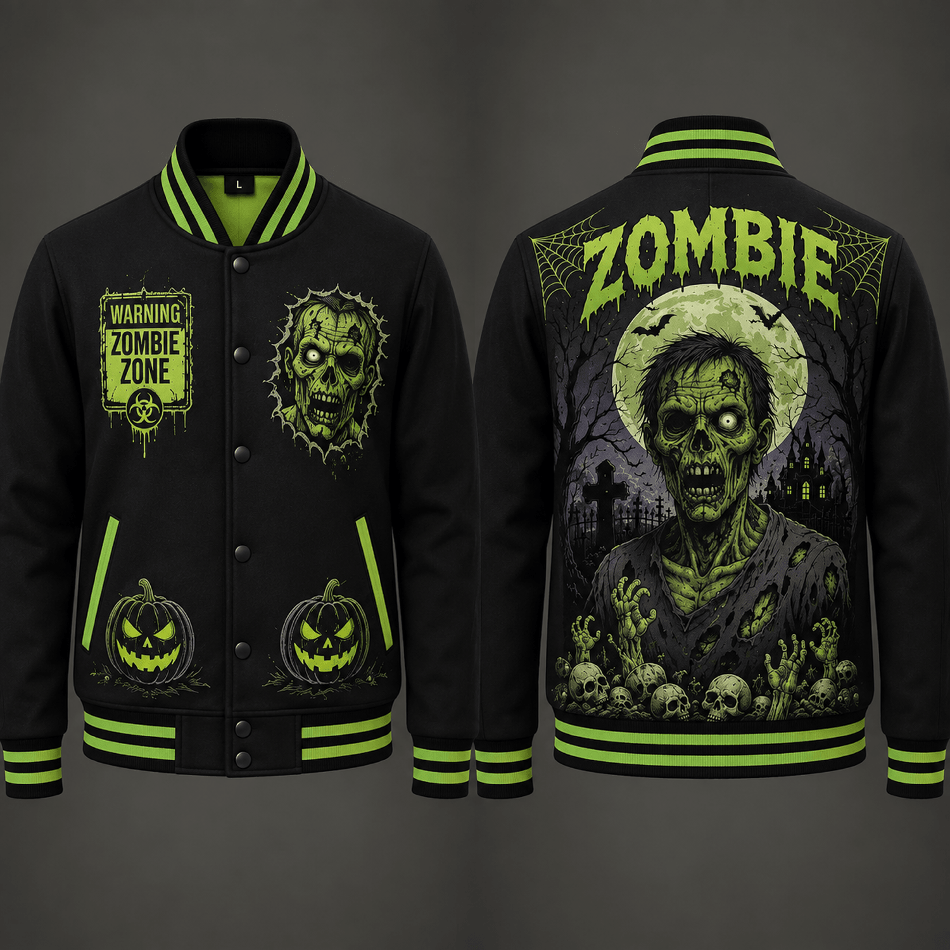 unisex halloween varsity jacket, zombie zone undead graphic, green black horror pumpkin graveyard jacket, spooky gift