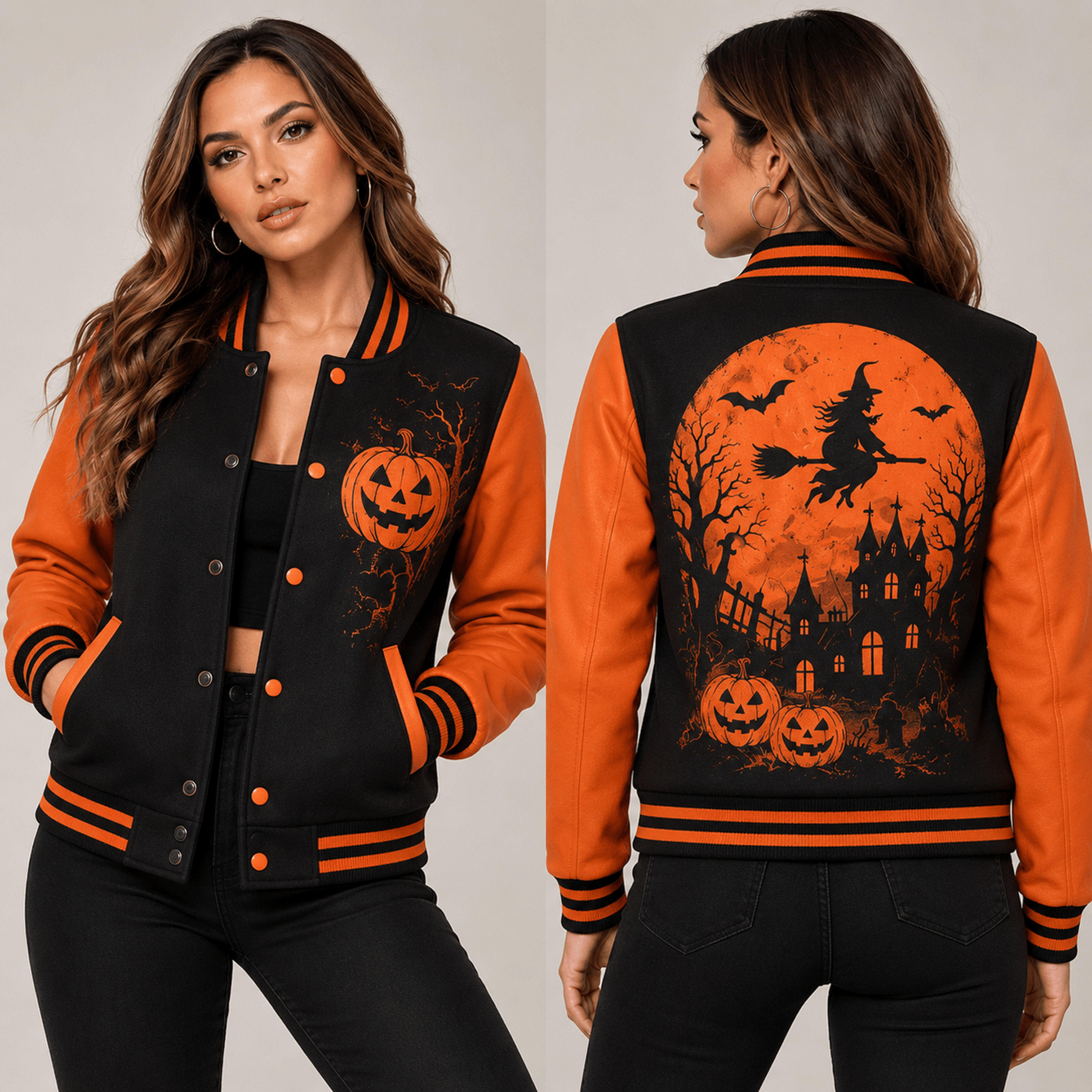 unisex witch halloween varsity jacket, flying witch haunted house pumpkin graphic, black orange spooky season jacket