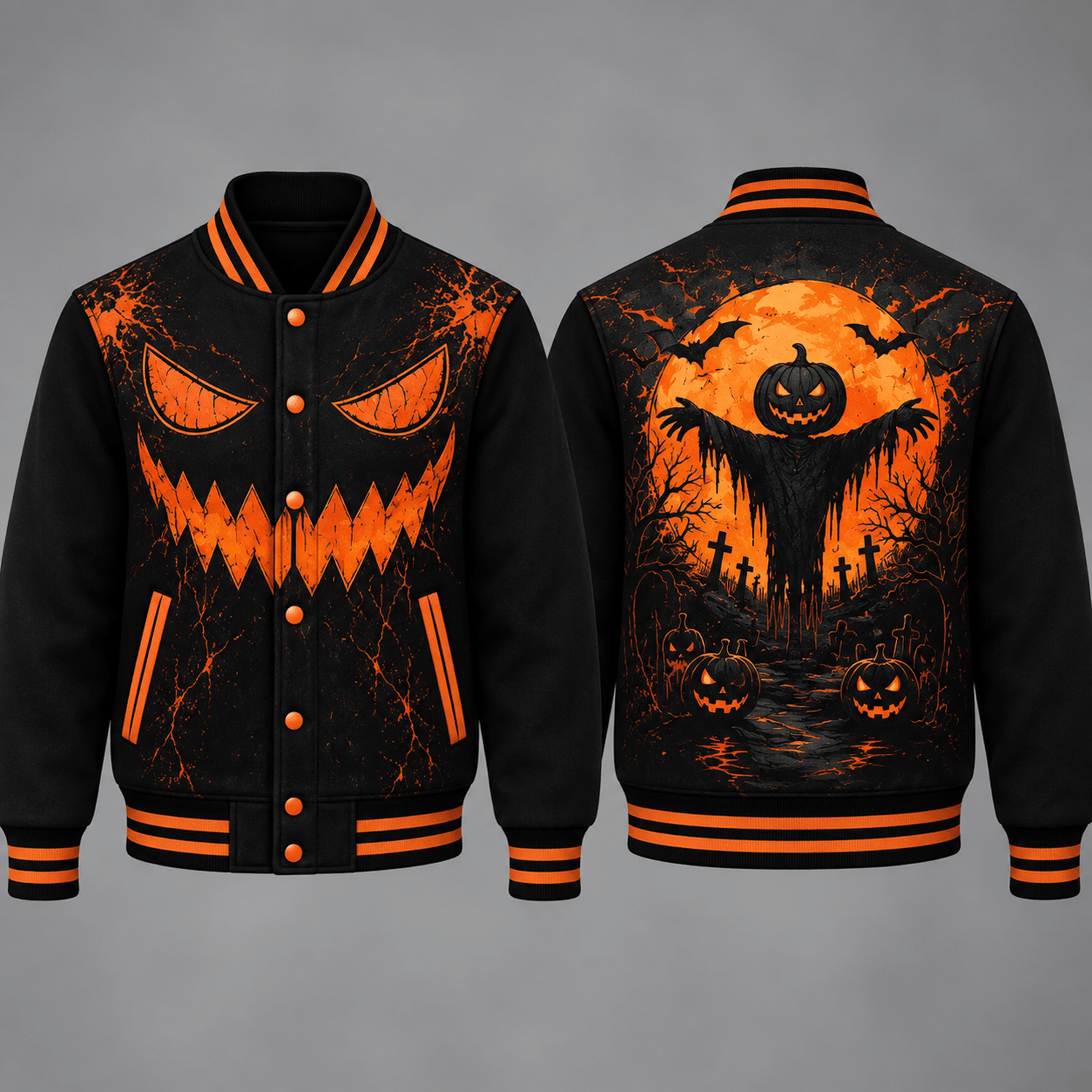 unisex pumpkin scarecrow varsity jacket, graveyard jack o lantern full moon graphic, black orange halloween jacket