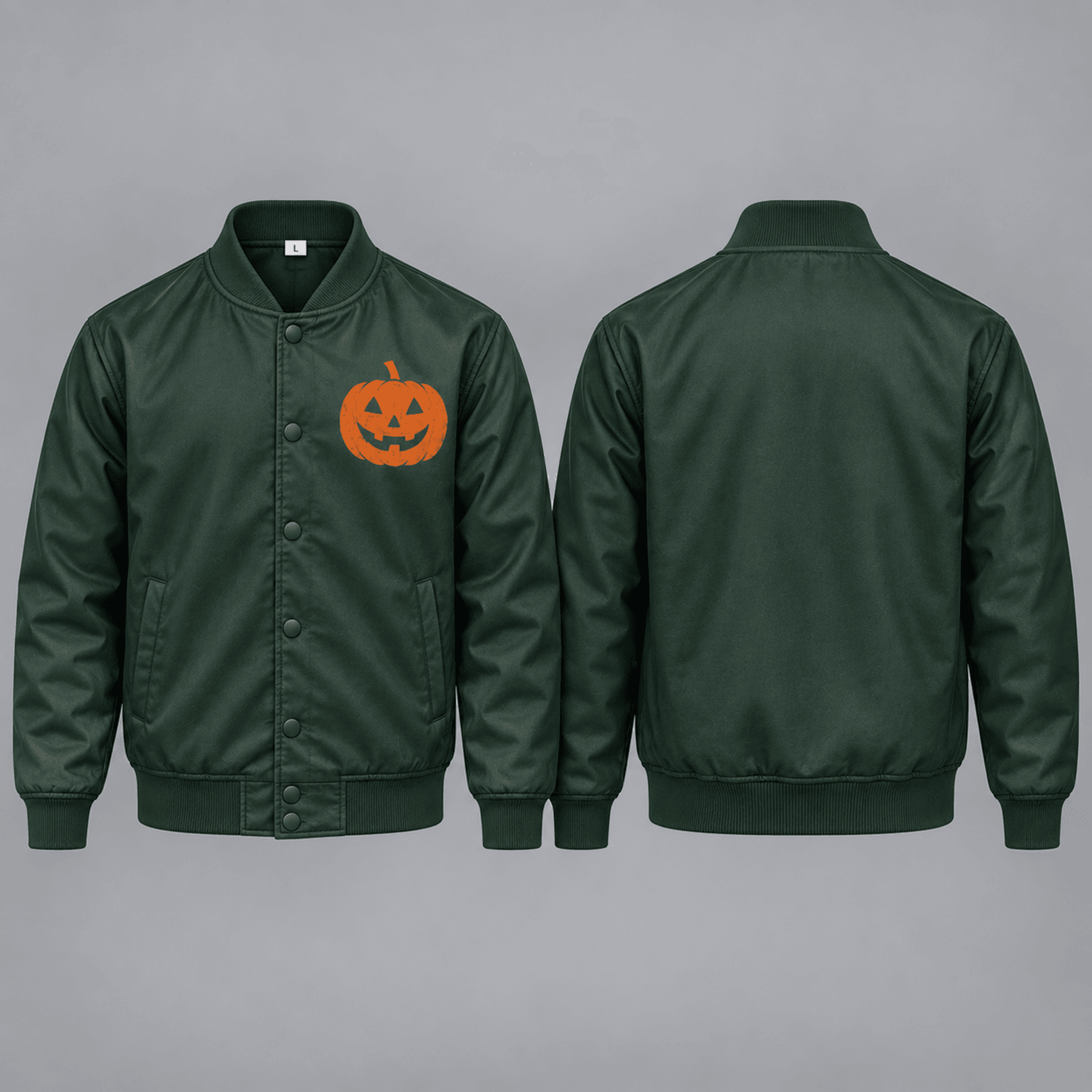 unisex minimal pumpkin varsity jacket, orange jack o lantern graphic, dark green halloween jacket, spooky fall gift
