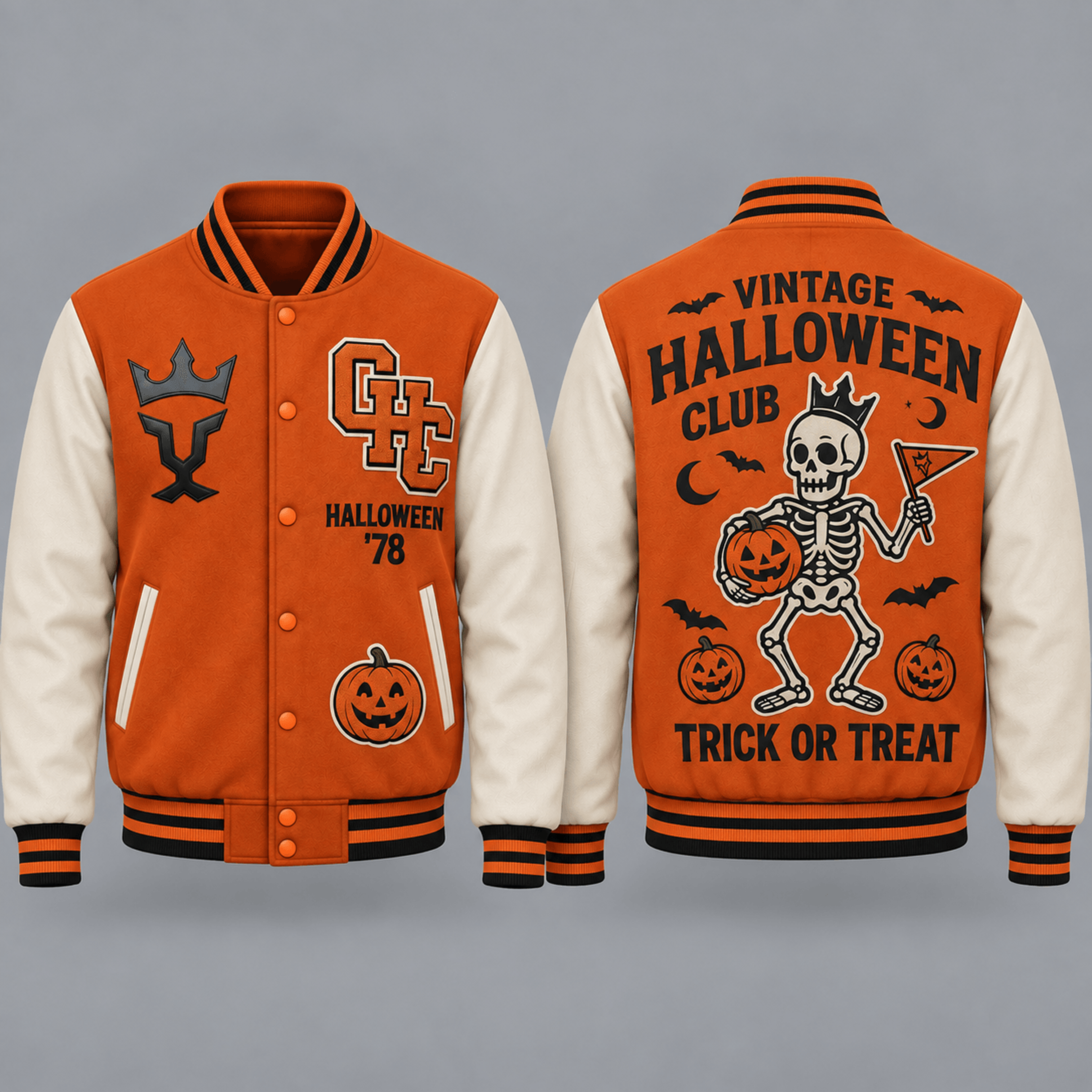 unisex vintage halloween varsity jacket, skeleton pumpkin trick or treat graphic, orange cream spooky season jacket
