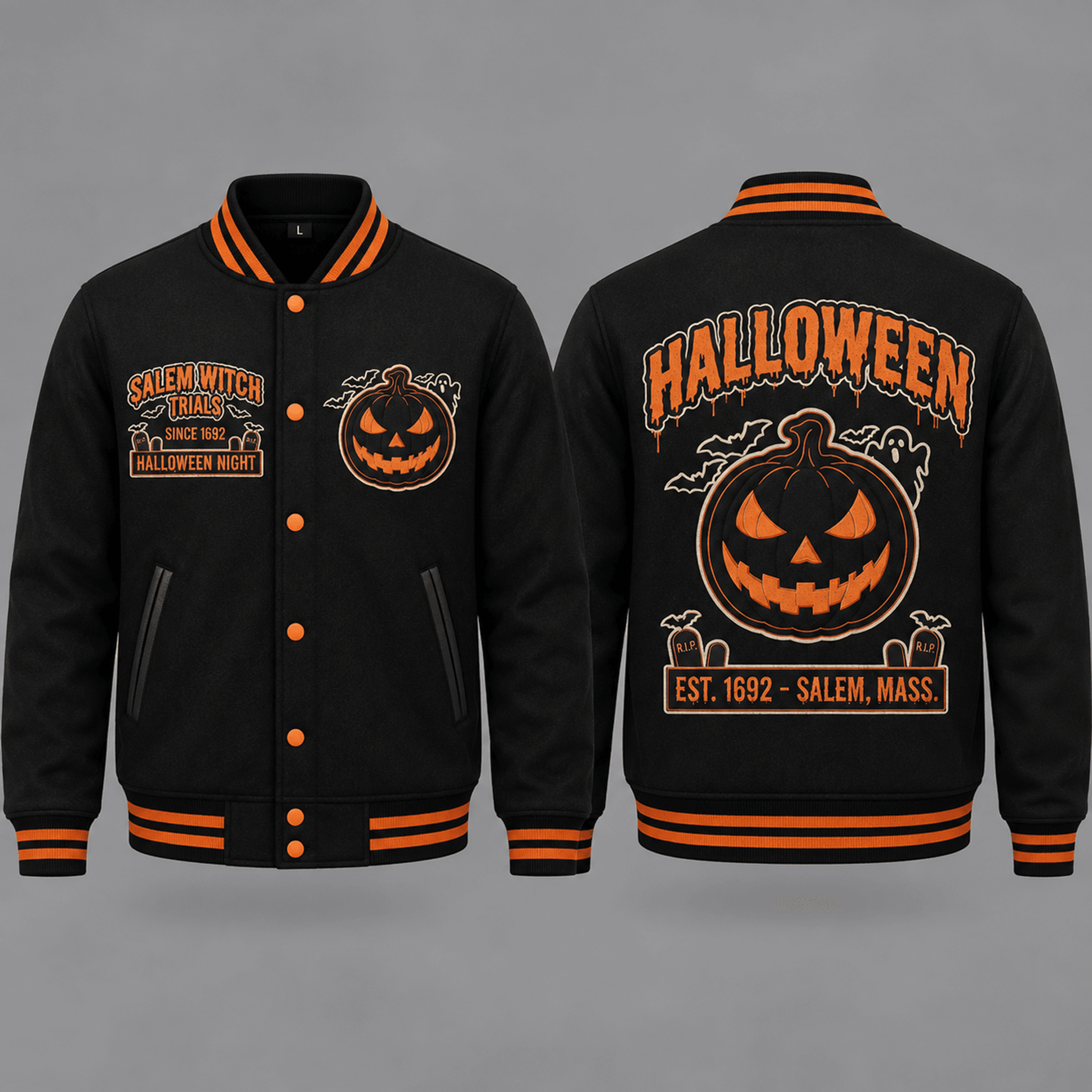unisex salem halloween varsity jacket, witch trials jack o lantern pumpkin graphic, black orange spooky jacket