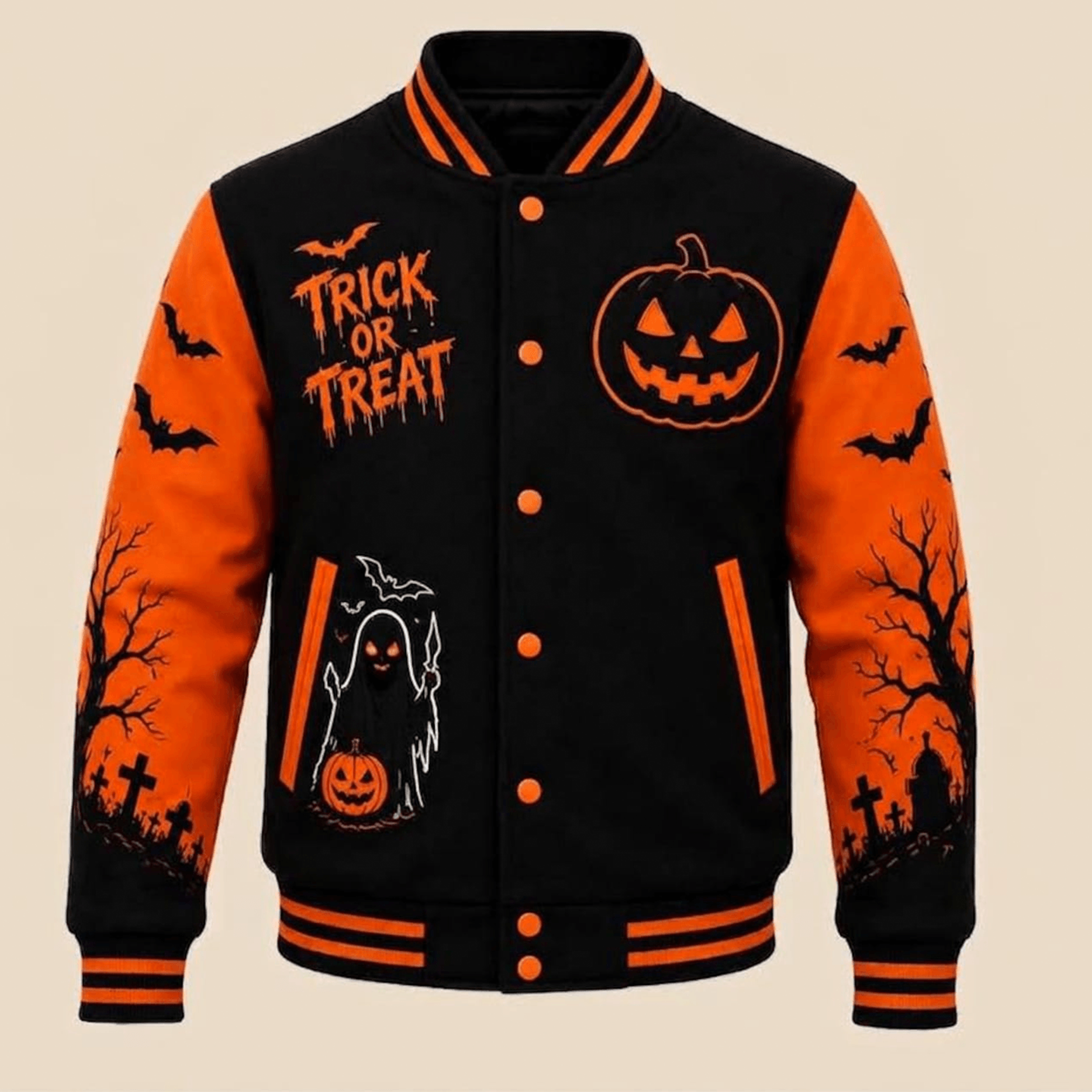 unisex salem halloween varsity jacket, trick or treat pumpkin ghost bat graphic, black orange spooky jacket