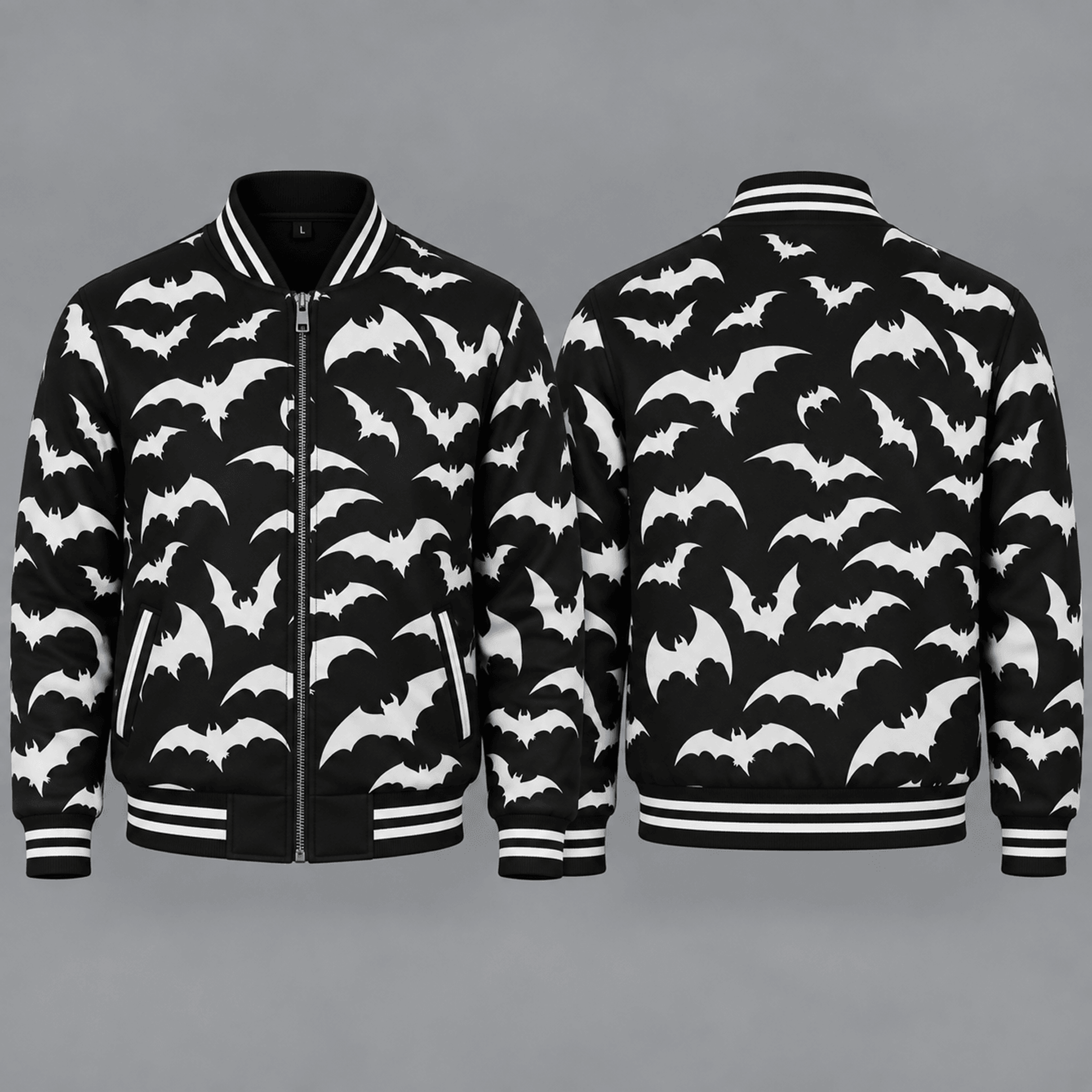 unisex halloween varsity jacket, white bat all over print, black gothic spooky night jacket, bat lover halloween gift