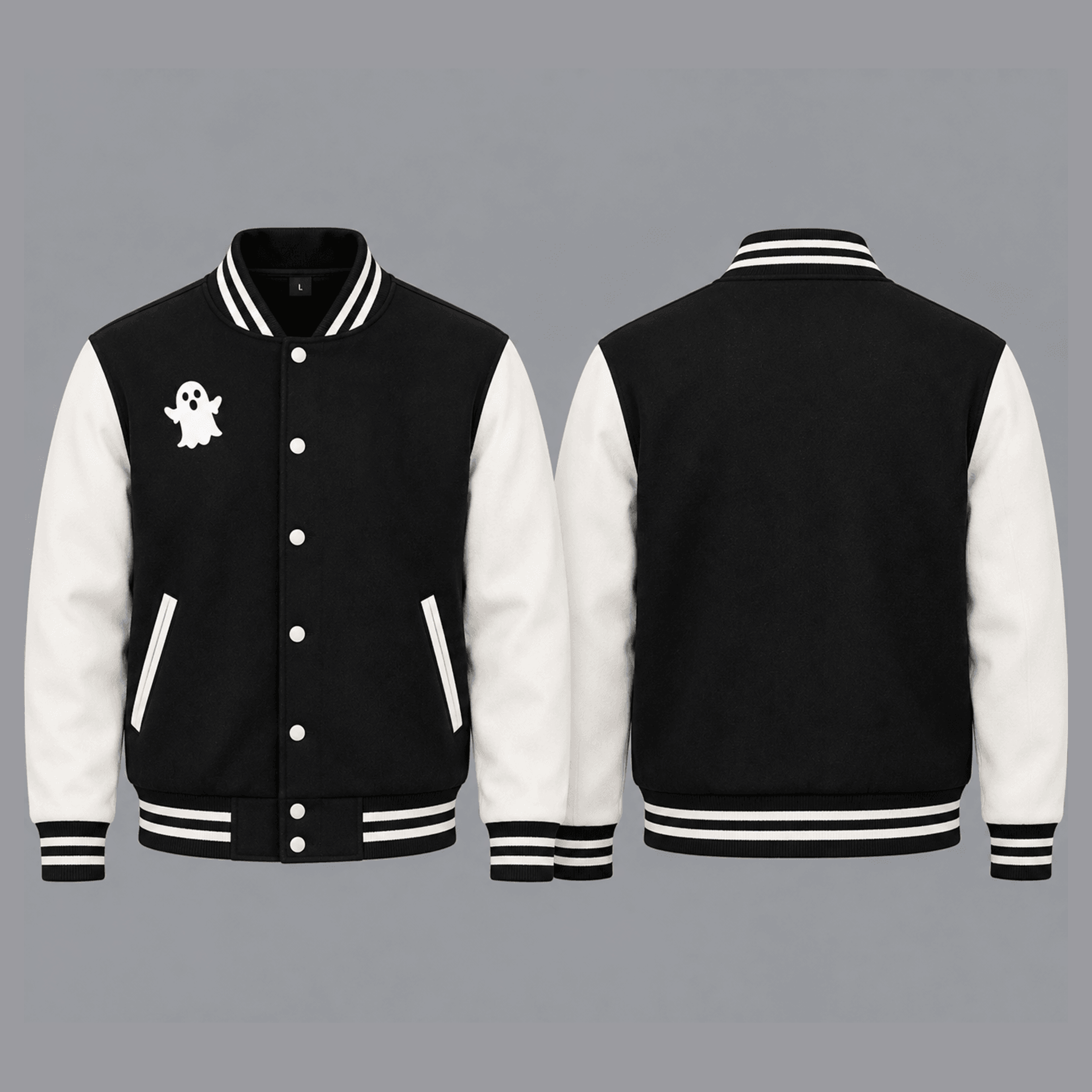 unisex halloween varsity jacket, cute ghost minimal graphic, black white spooky season jacket, halloween gift