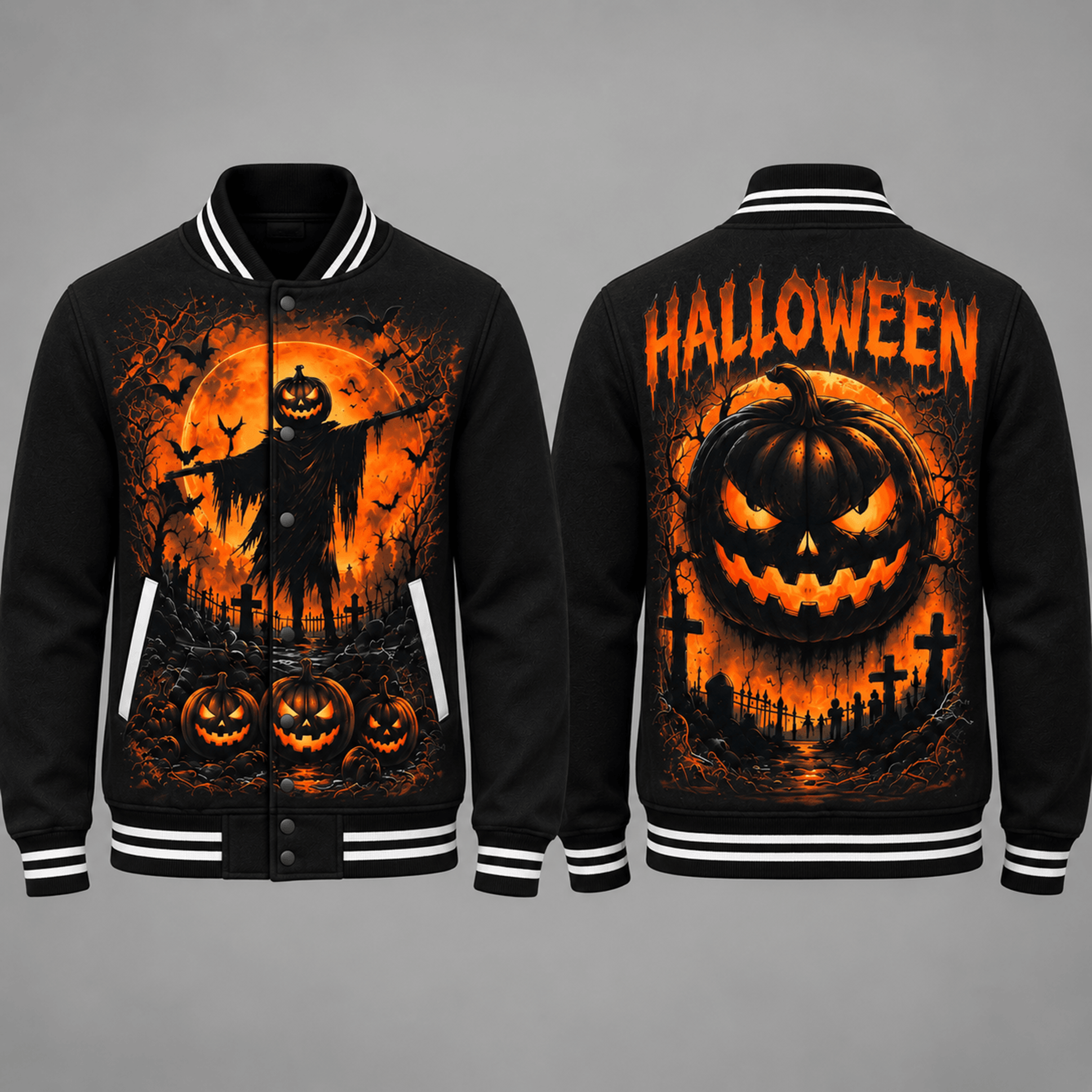 unisex halloween varsity jacket, scarecrow jack o lantern pumpkin graveyard graphic, black orange spooky jacket