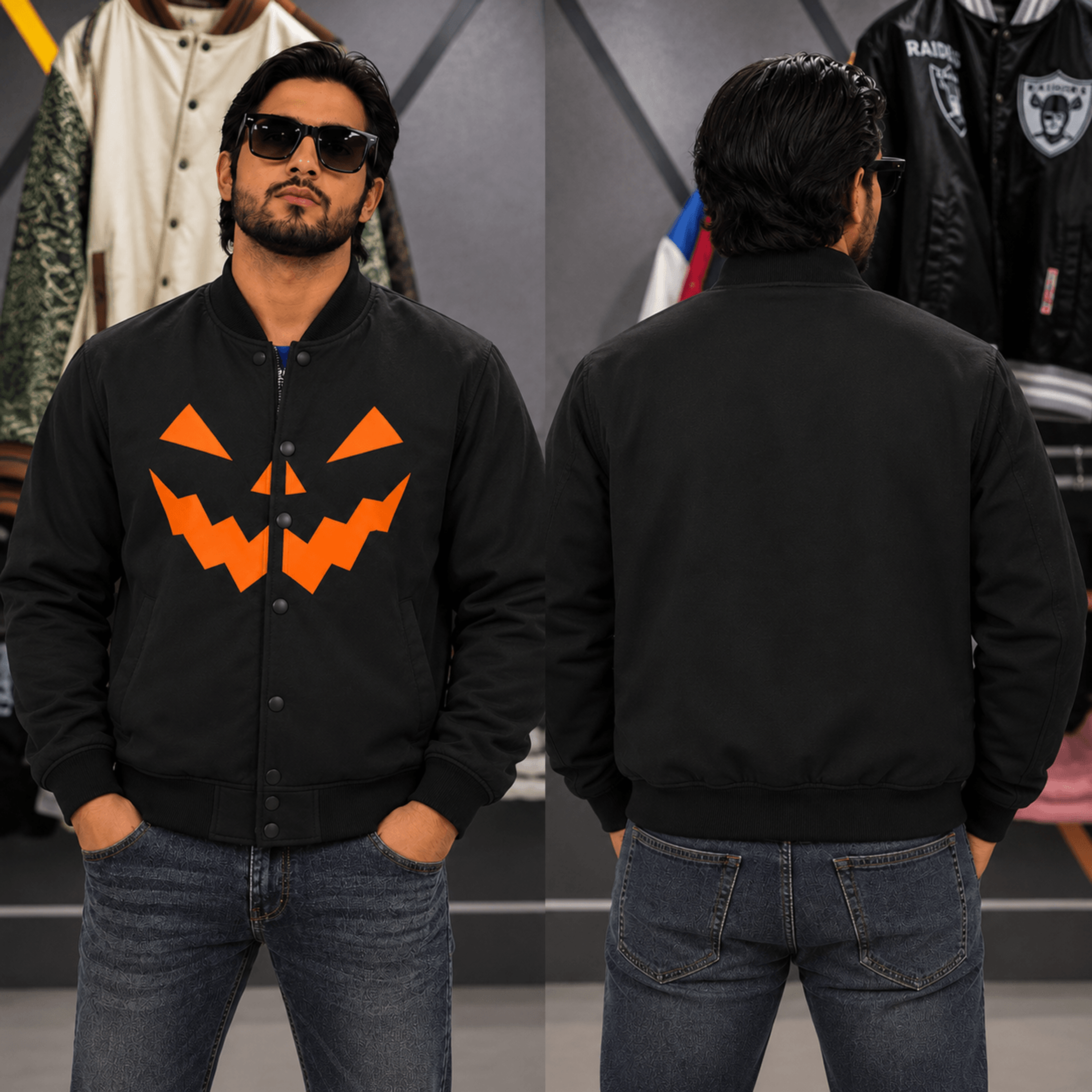 unisex halloween pumpkin varsity jacket, jack o lantern face printed jacket, spooky black halloween gift for adults