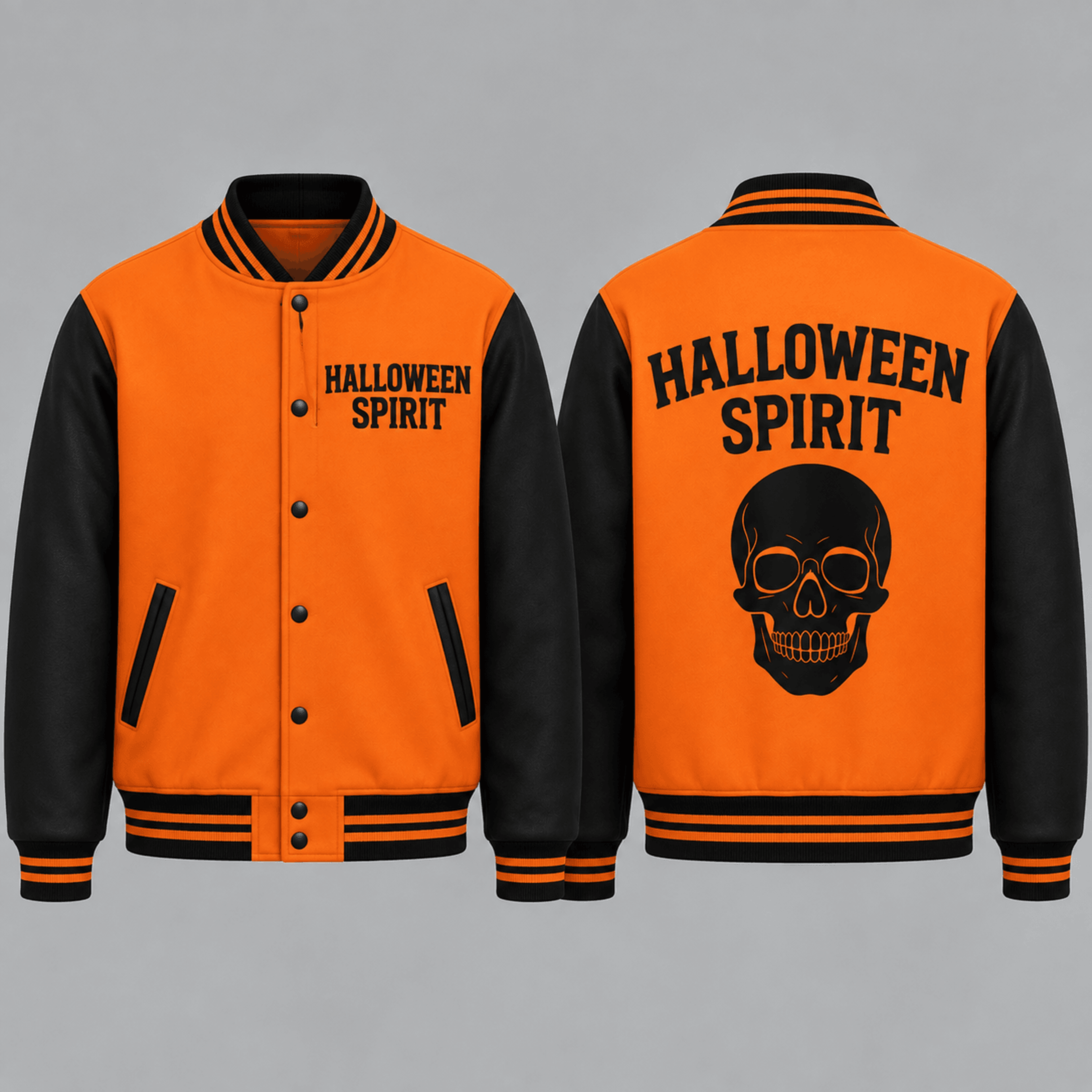 unisex halloween spirit varsity jacket, skull printed orange black jacket, spooky gothic halloween gift for adults