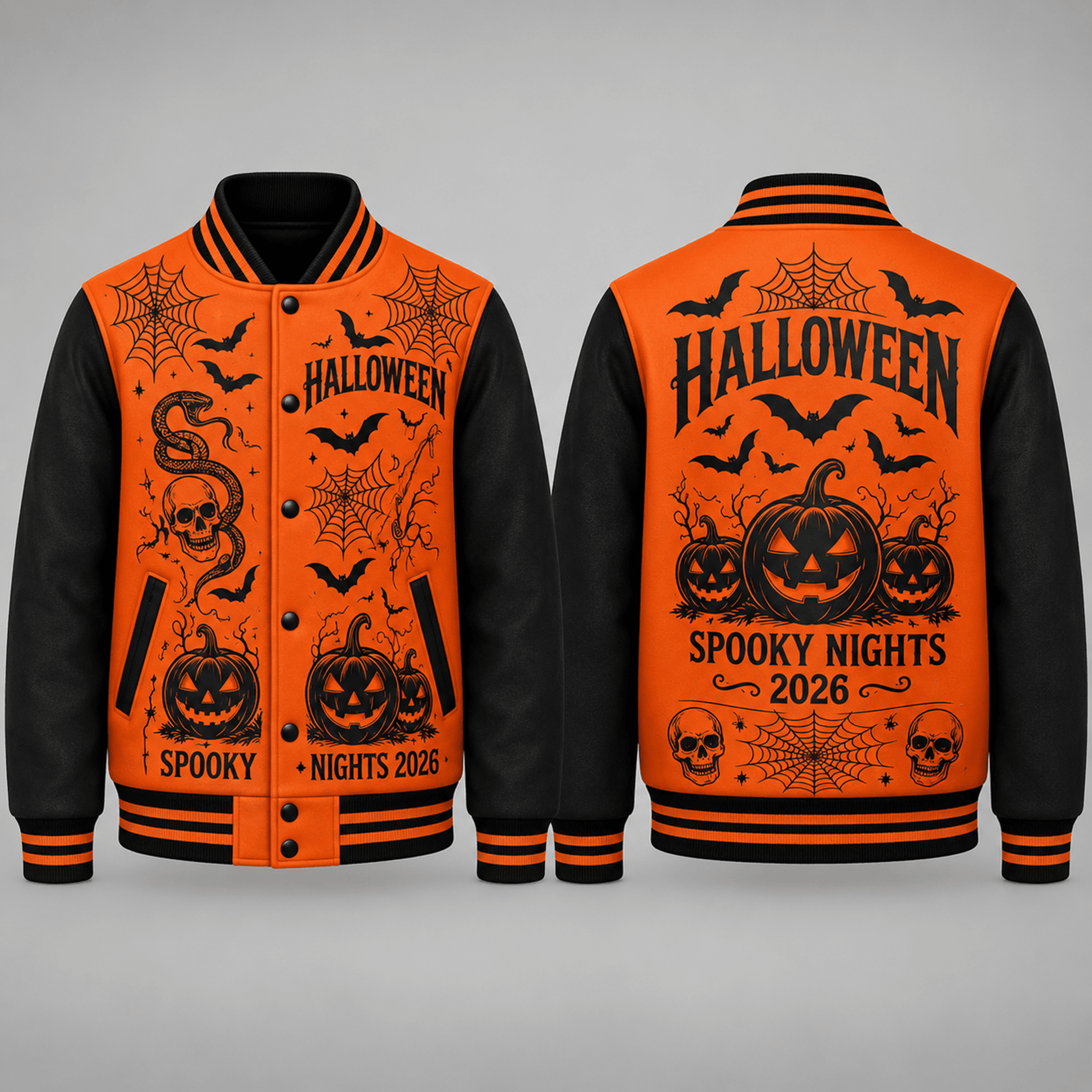 unisex halloween spooky nights varsity jacket, pumpkin skull bat spider web printed jacket, gothic gift for adults